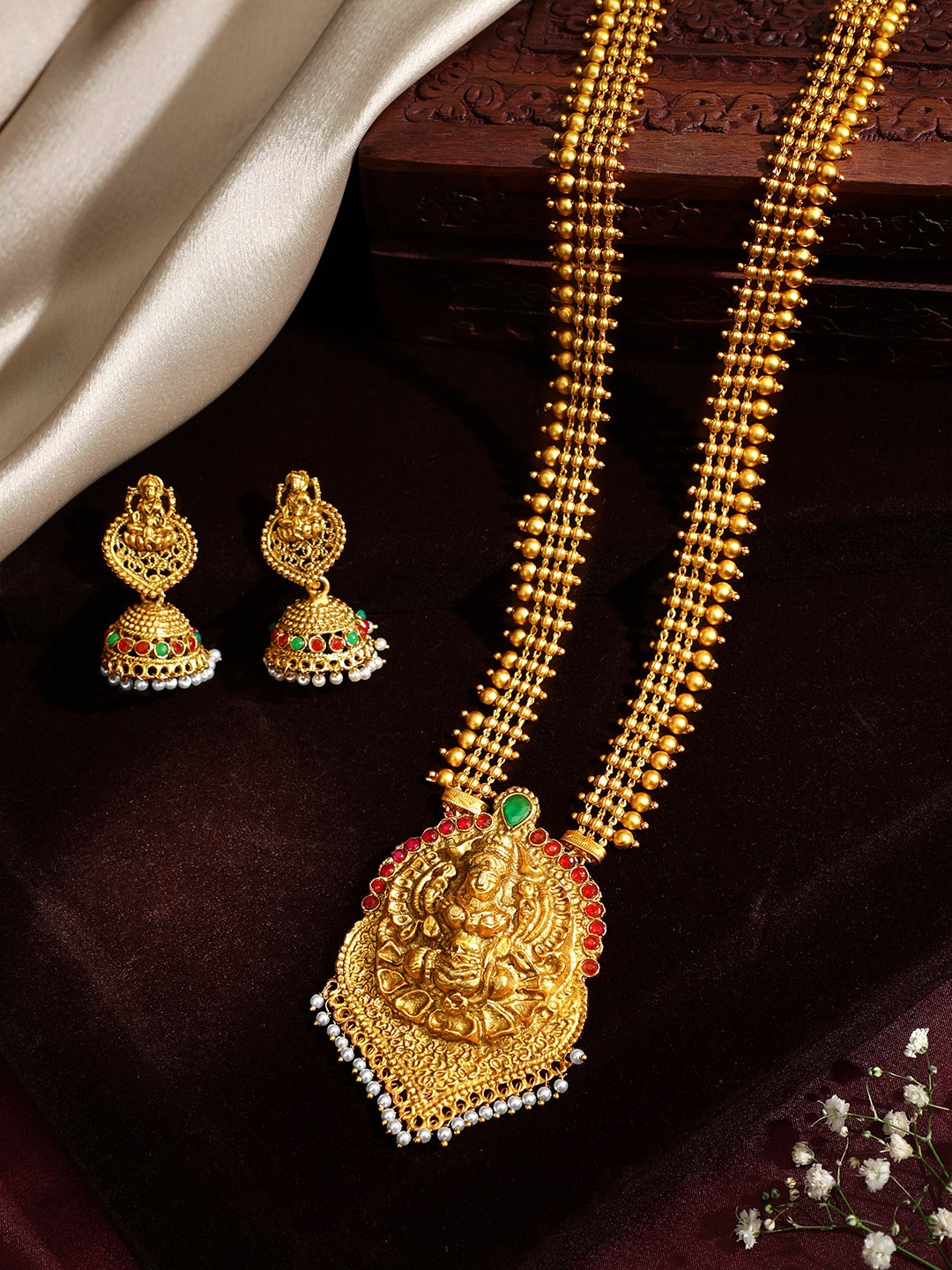 

Rubans 24K Gold-Plated & Pink Handcrafted Heavy Pendant Temple Jewellery Set