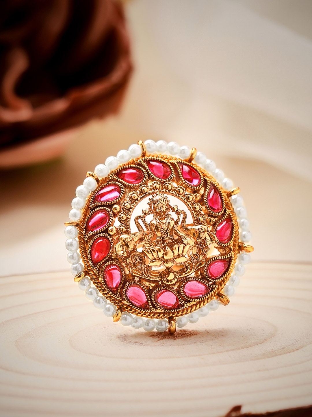 

Rubans 24K Gold-Plated & Pink Handcrafted Pink Studded Pearl Rim Ring