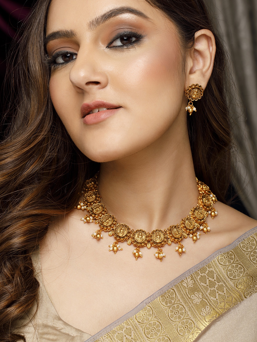 

Rubans 24K Gold-Plated Gold Beaded Divine Lakshmi Temple Jewellery Set