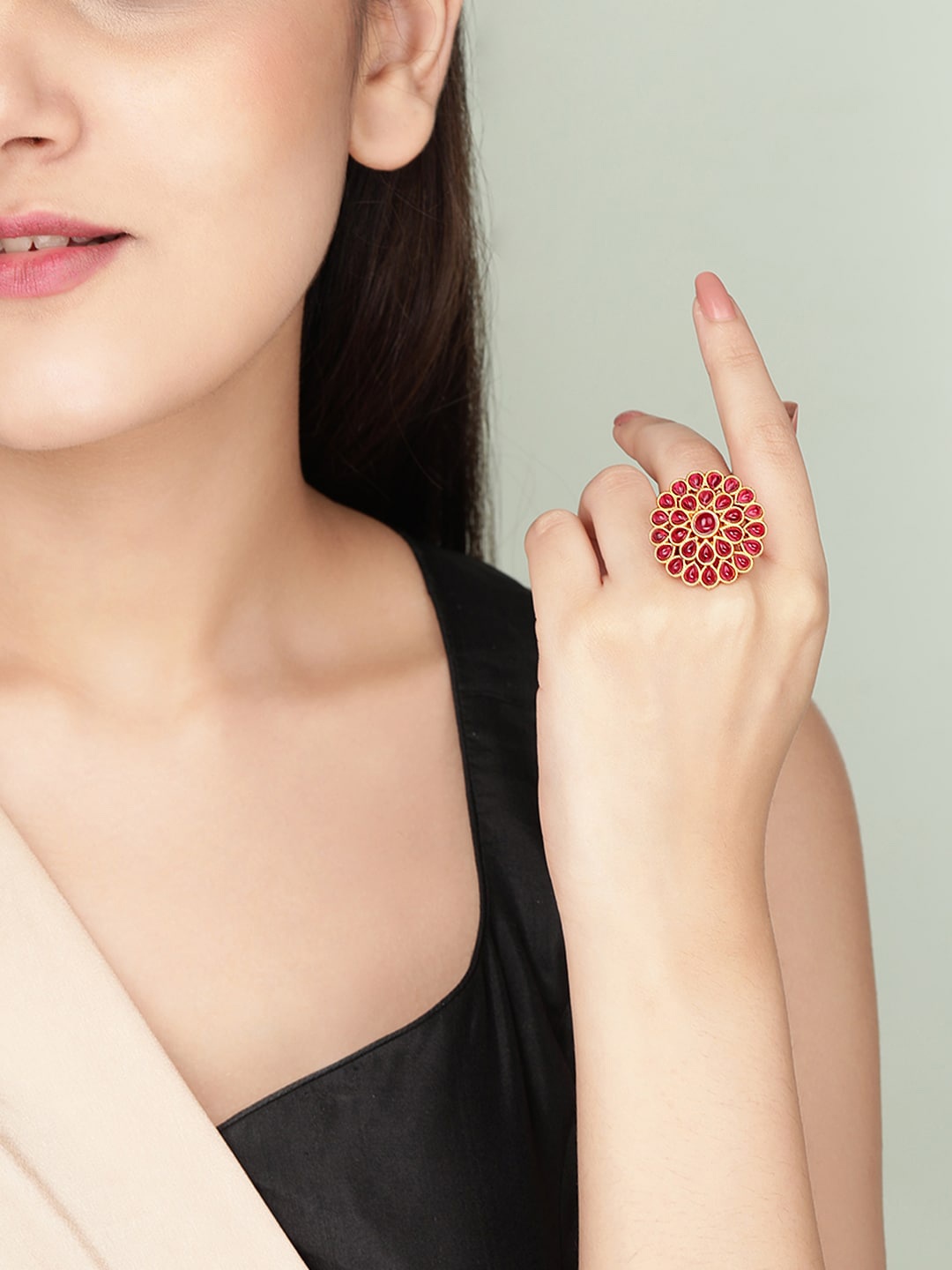

Rubans Gold-Plated Pink Stone-Studded Adjustable Handcrafted Finger Ring