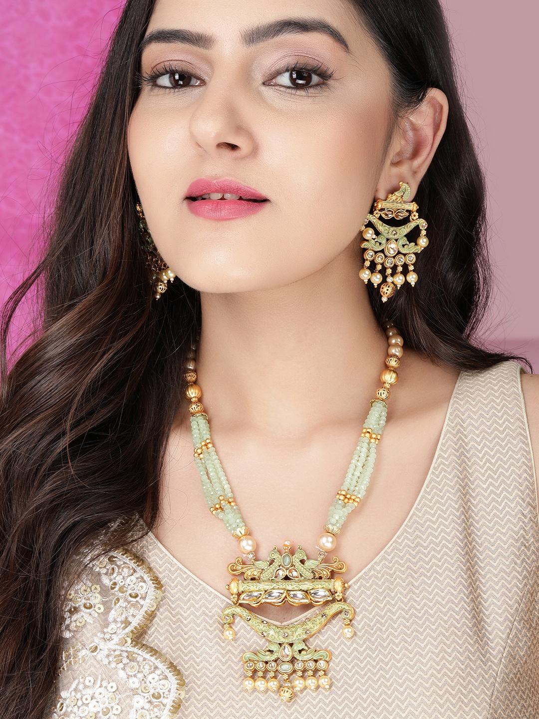 

Rubans Gold-Plated & Sea Green Beaded Festive Jewellery Set