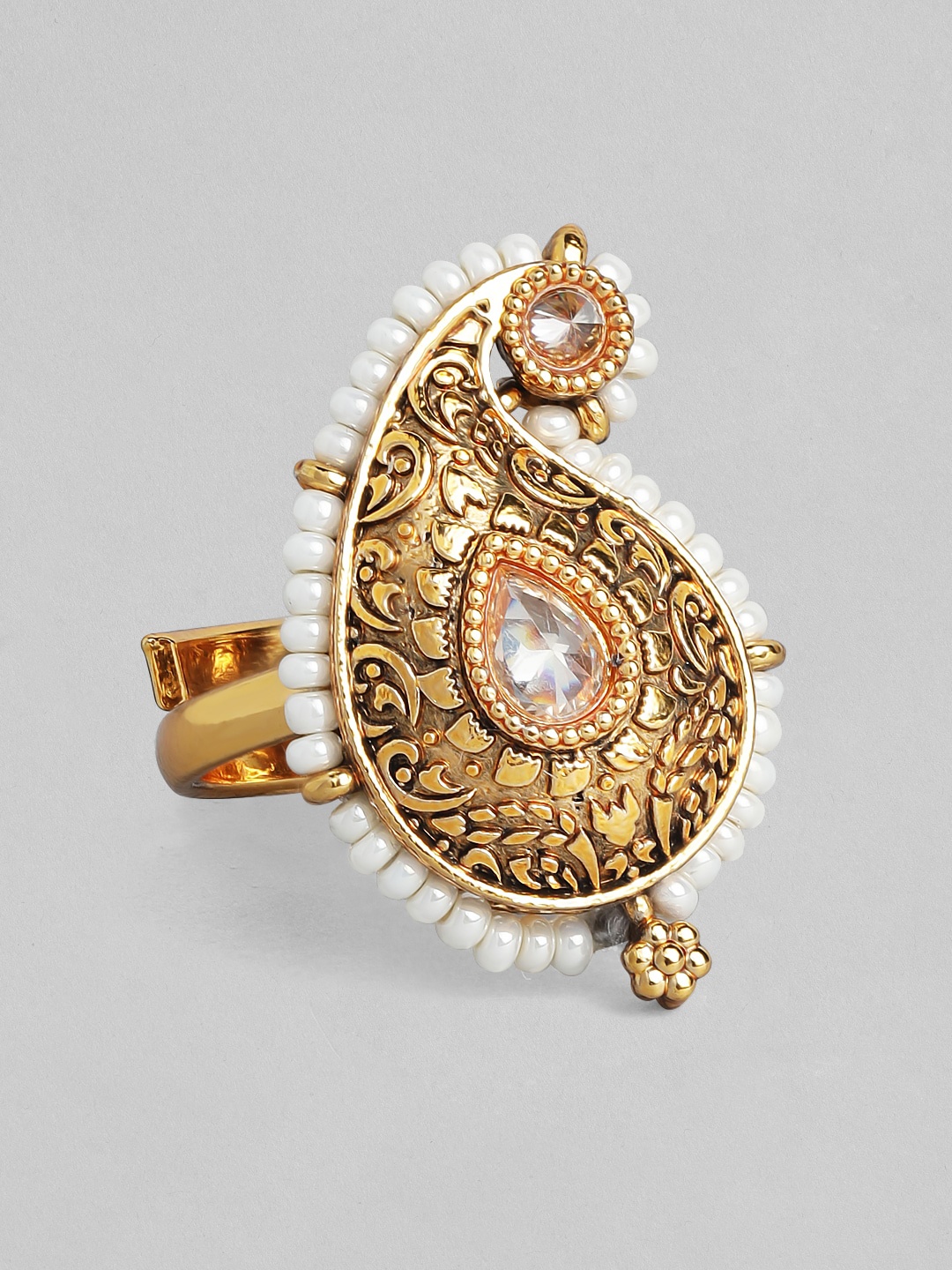 

Rubans 24K Gold-Plated & White Embossing Pearl Festive Finger Ring