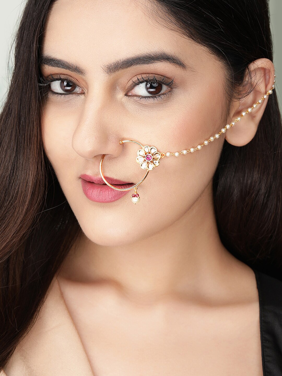 

Rubans Gold-Plated Stone-Studded Pearl Handcrafted Nosering