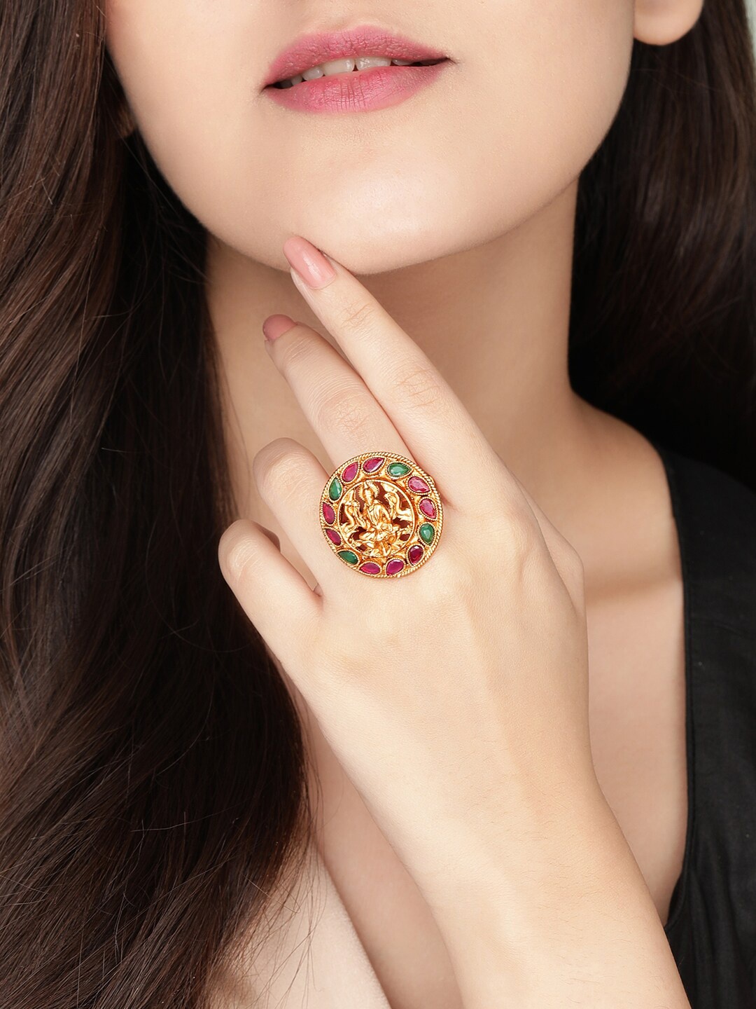 

Rubans 24K Gold-Plated Pink & Green Stone-Studded Handcrafted Adjustable Finger Ring