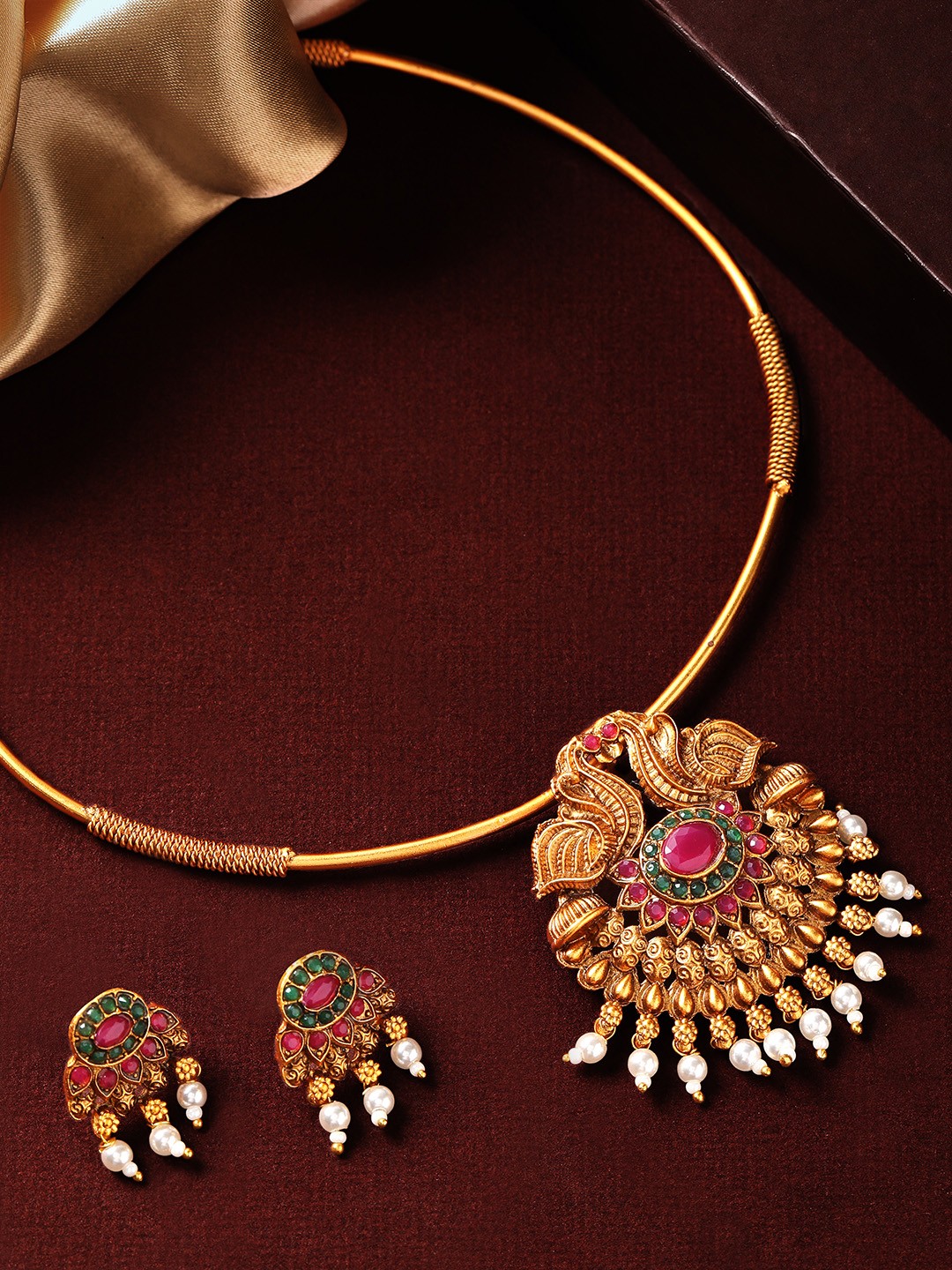 

Rubans 24K Gold-Plated Pink & Green Stone-Studded & Beaded Handcrafted Jewellery Set