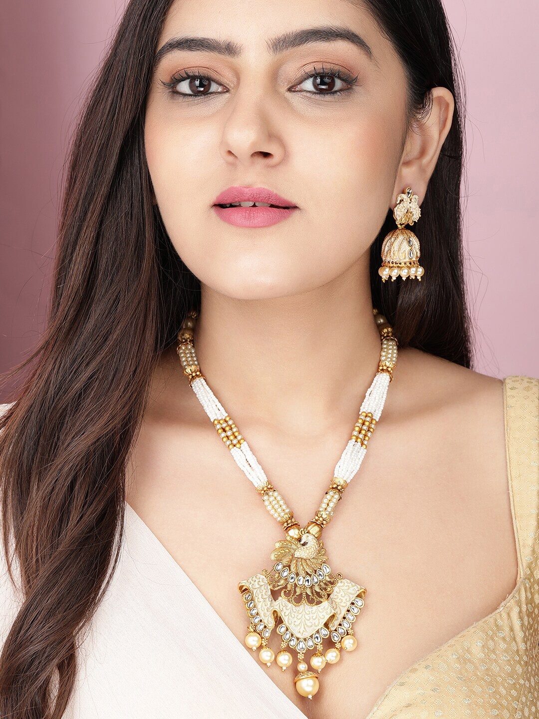 

Rubans 18K Gold-Plated White Enamelled Pearl Beaded Handcrafted Traditional Necklace Set