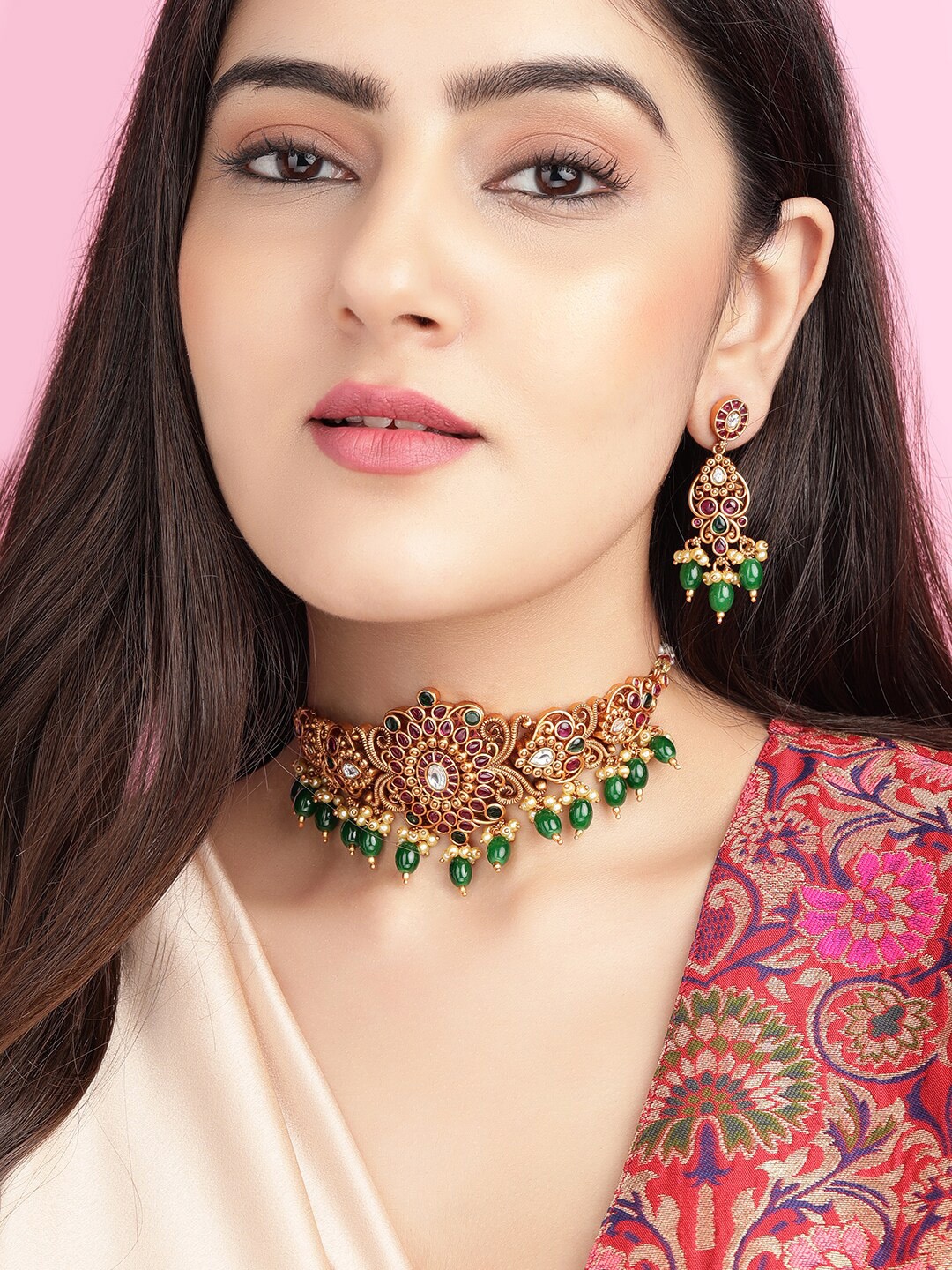 

Rubans Gold-Plated Green Pearl Stone-Studded Handcrafted Temple Choker Set