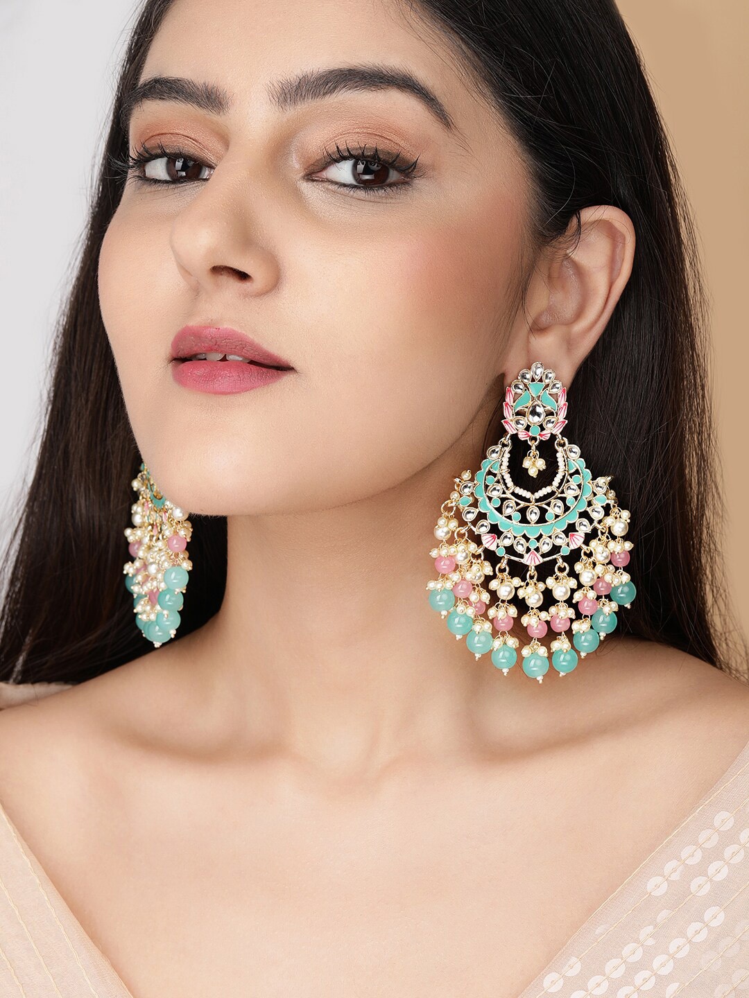 

Rubans Gold Plated Handcrafted Kundan & Enamelled Beads Chandbali Earrings