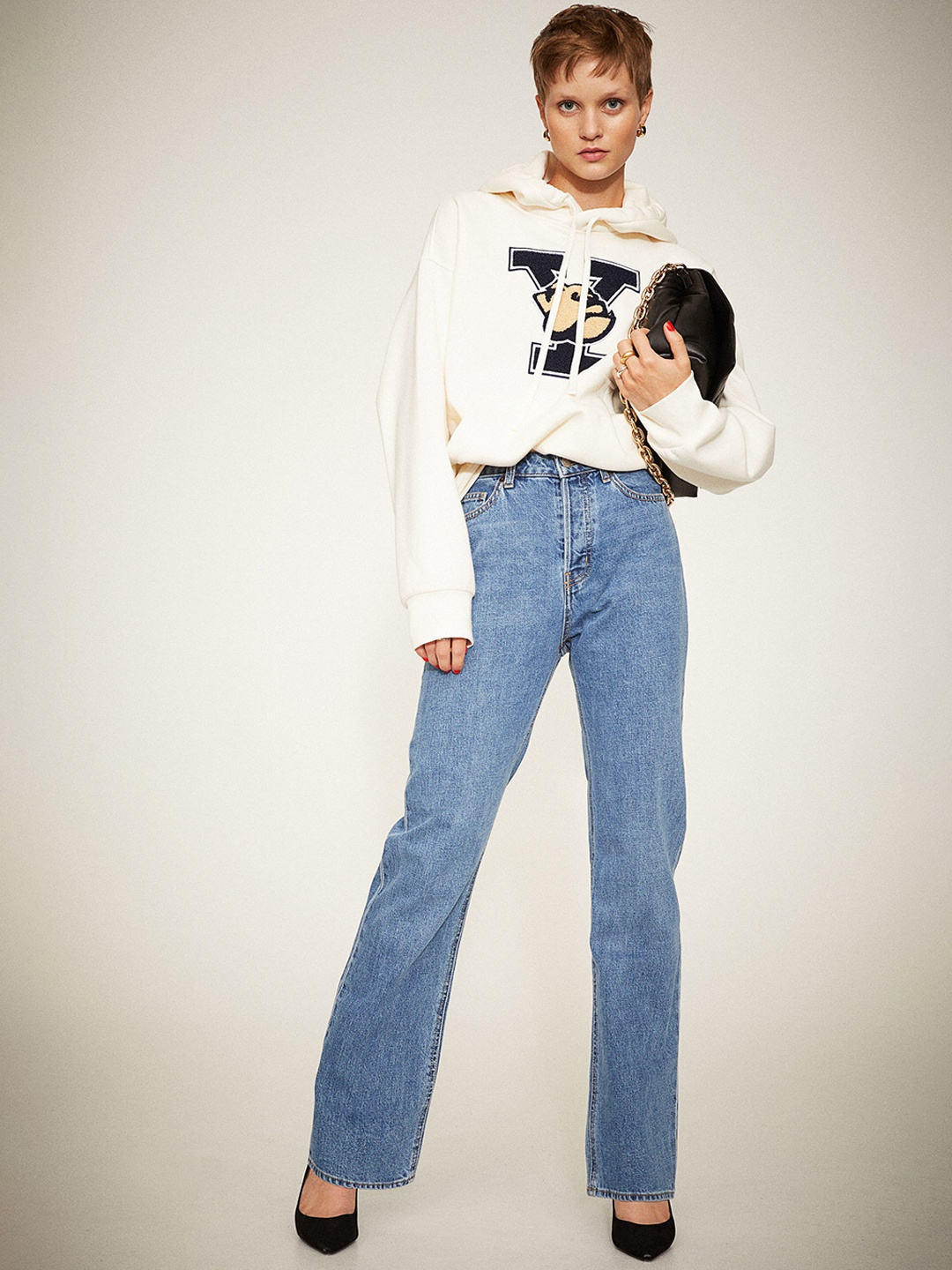 

H&M Women White & Navy Blue Motif-Detail Hoodie