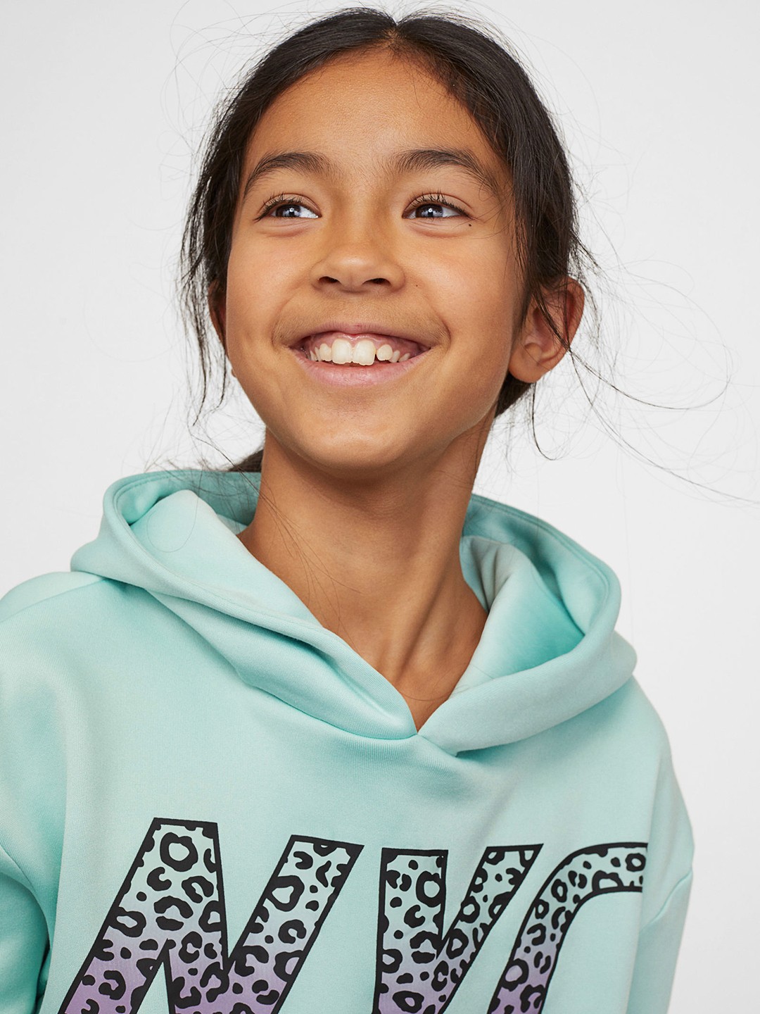 

H&M Girls Turquoise Blue & Black Printed Boxy Hoodie