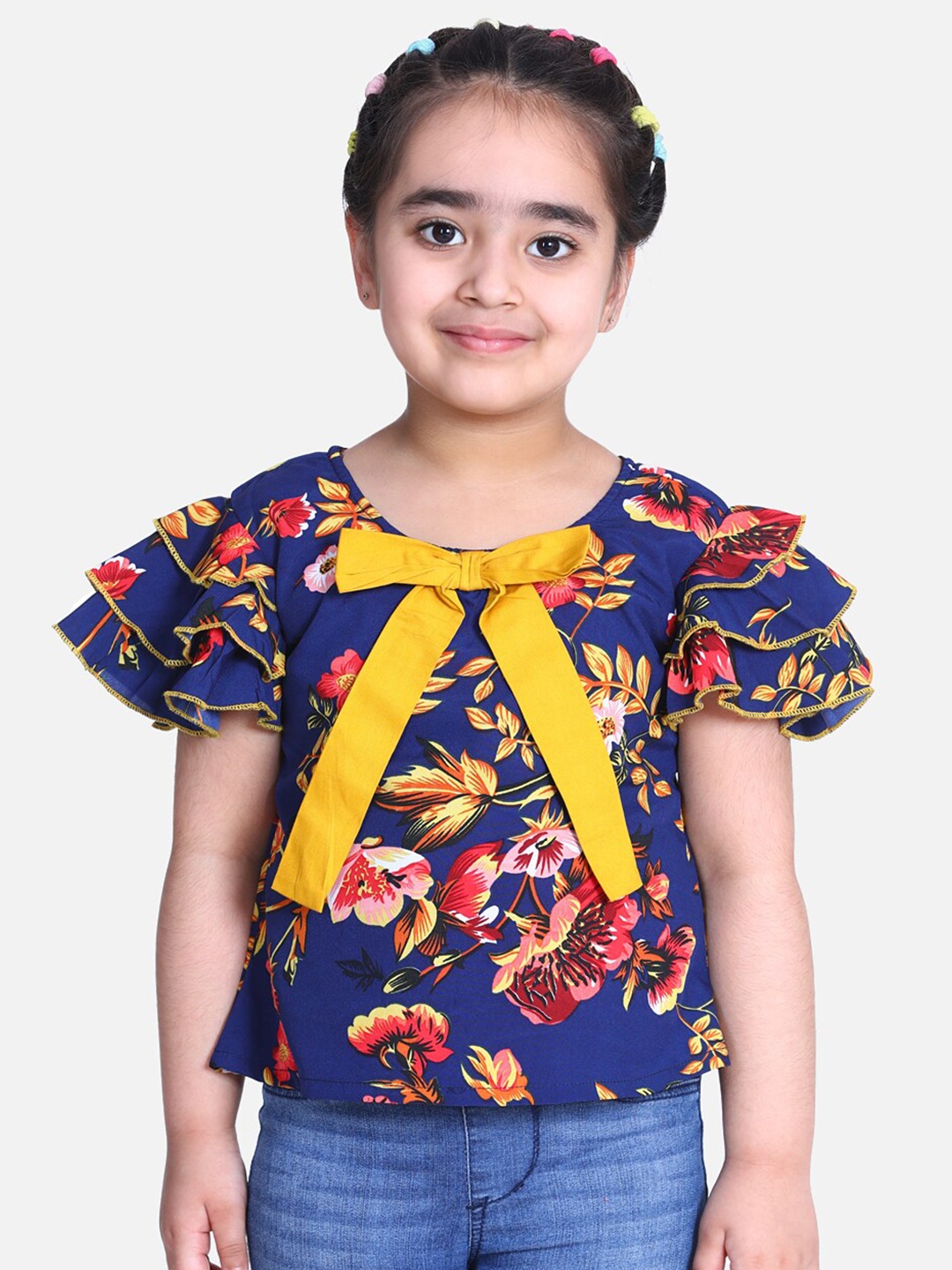 

Cutiekins Navy Blue Floral Crepe Blouson Top