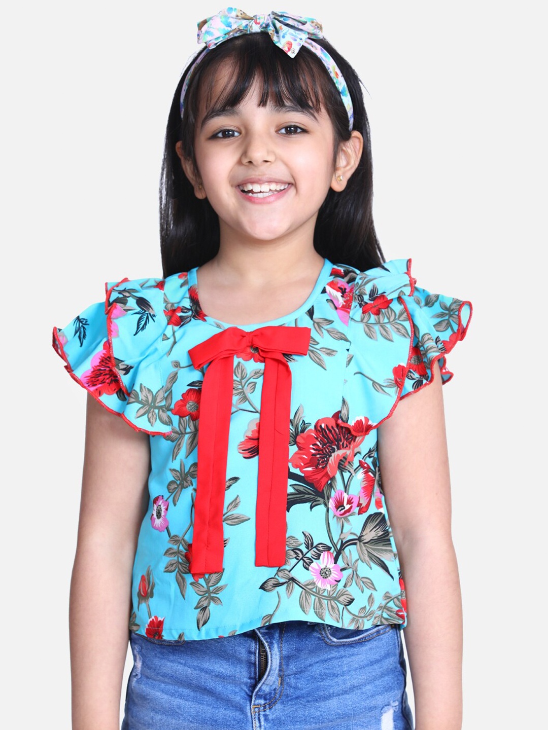 

Cutiekins Blue & Red Floral Ruffles Crepe Regular Top