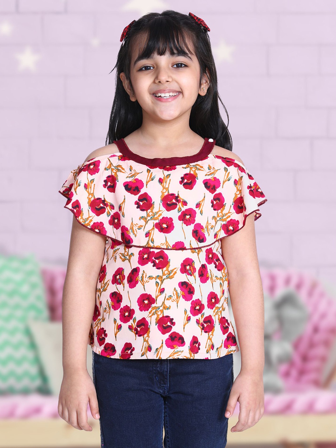 

Cutiekins Cream-Coloured & Red Floral Crepe Regular Top