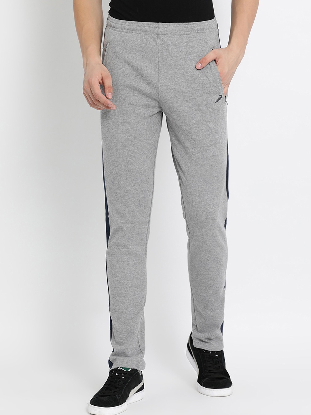 

Crocodile Men Grey & Black Solid Slim-Fit Cotton Track Pants