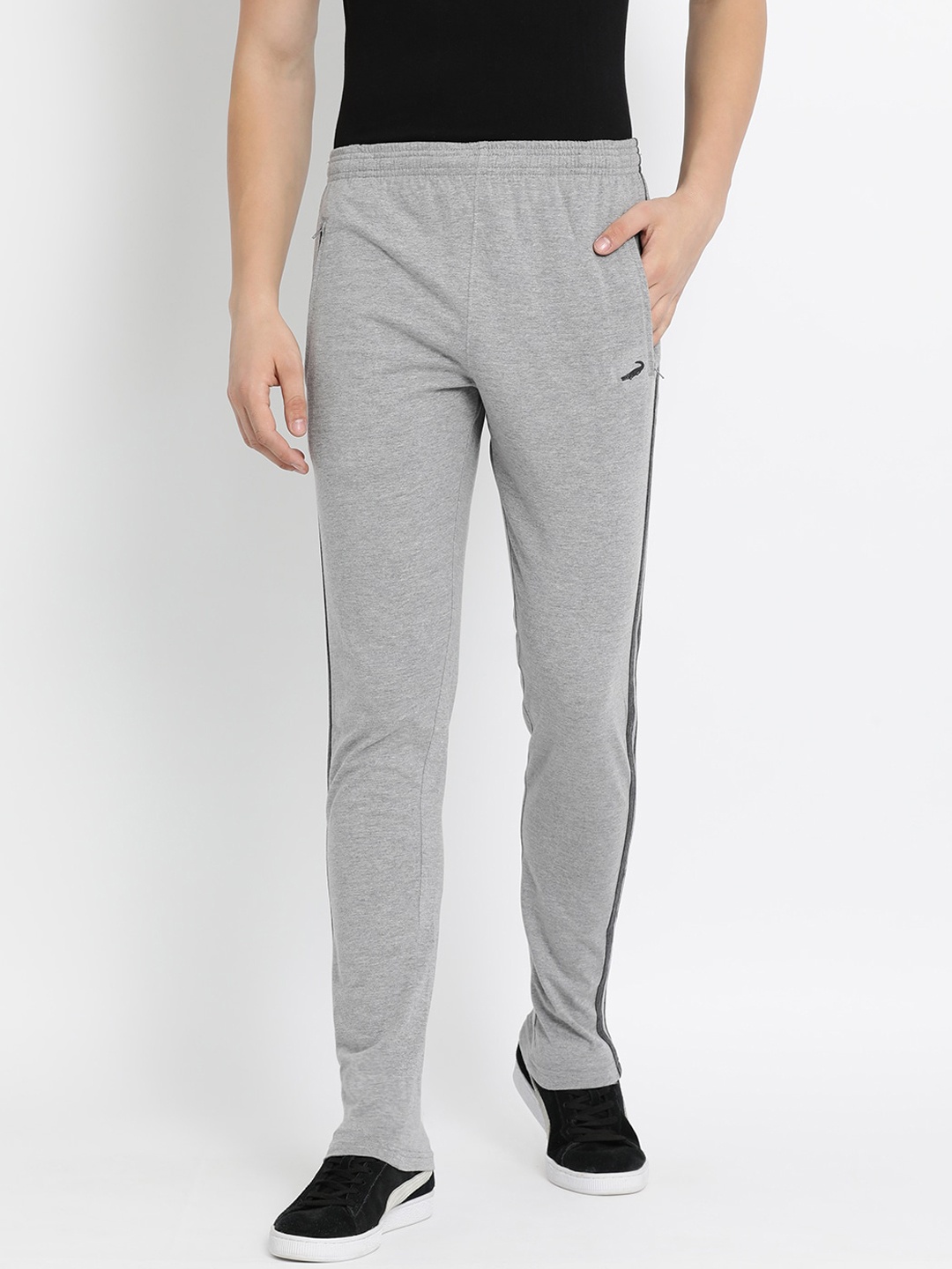 

Crocodile Men Grey & Black Solid Slim-Fit Cotton Track Pants