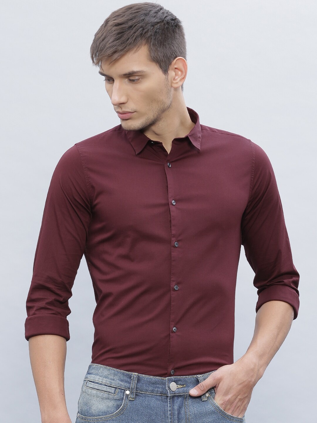 

ether Men Burgundy Slim Fit Antimicrobial Solid Cotton Lycra Sustainable Casual Shirt