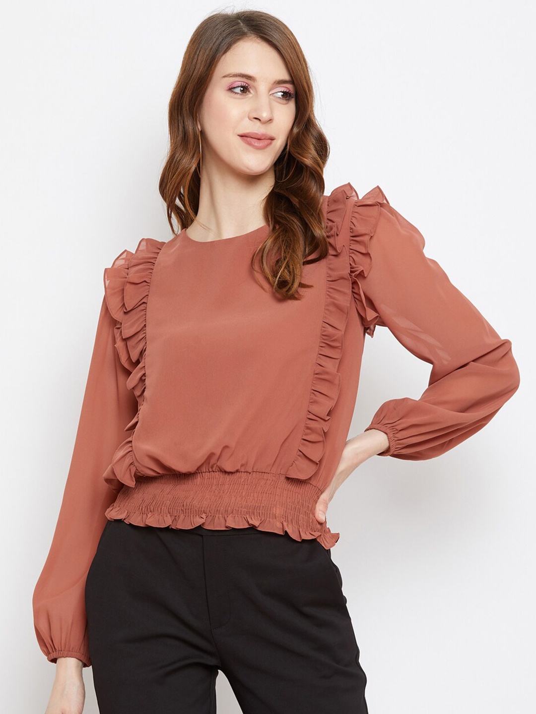 

Madame Women Rust Georgette Blouson Top