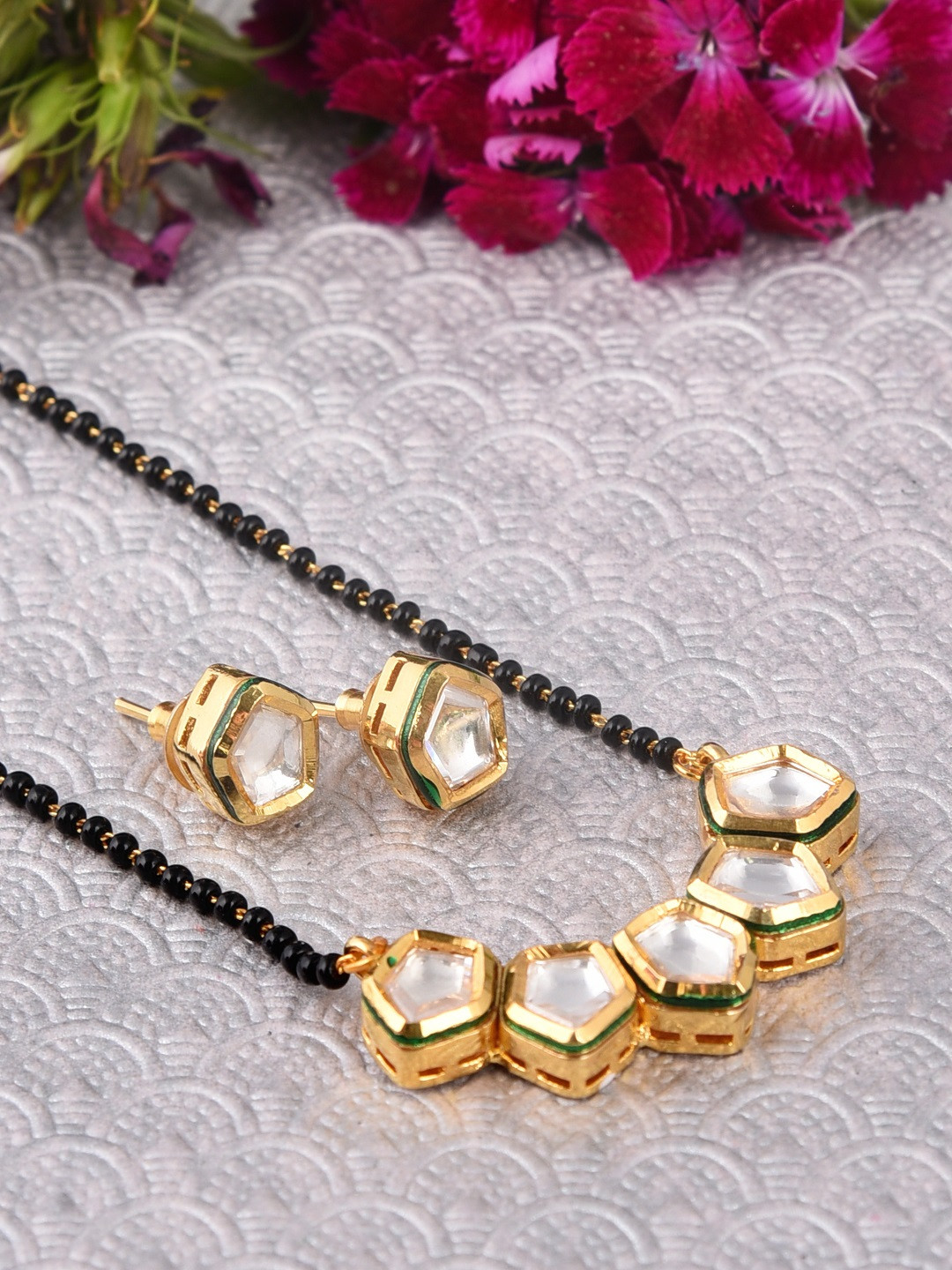 

FIROZA Gold-Plated Black Beaded White Stone-Studded Eternal Love Mangalsutra With Earrings