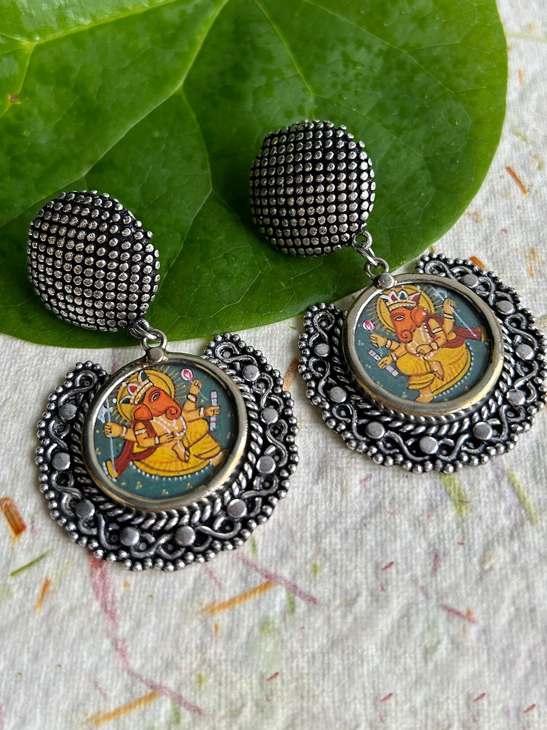 

FIROZA Silver-Toned Circular Shri Ganesha Drop Earrings