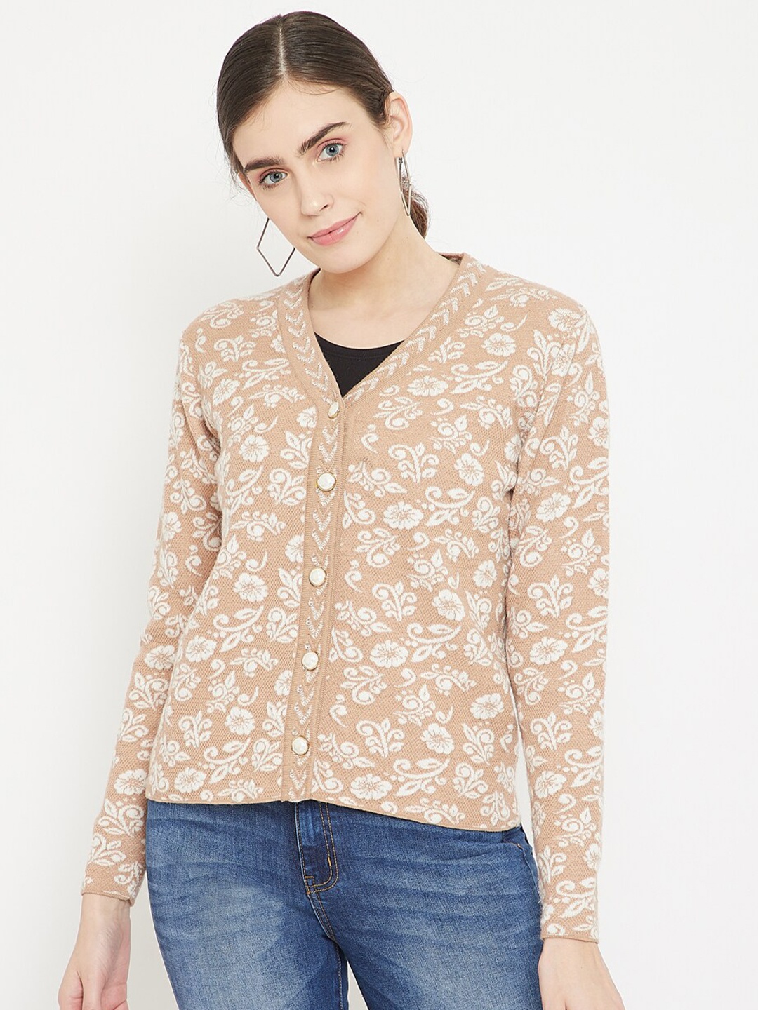 

Madame Women Beige & White Floral Cardigan