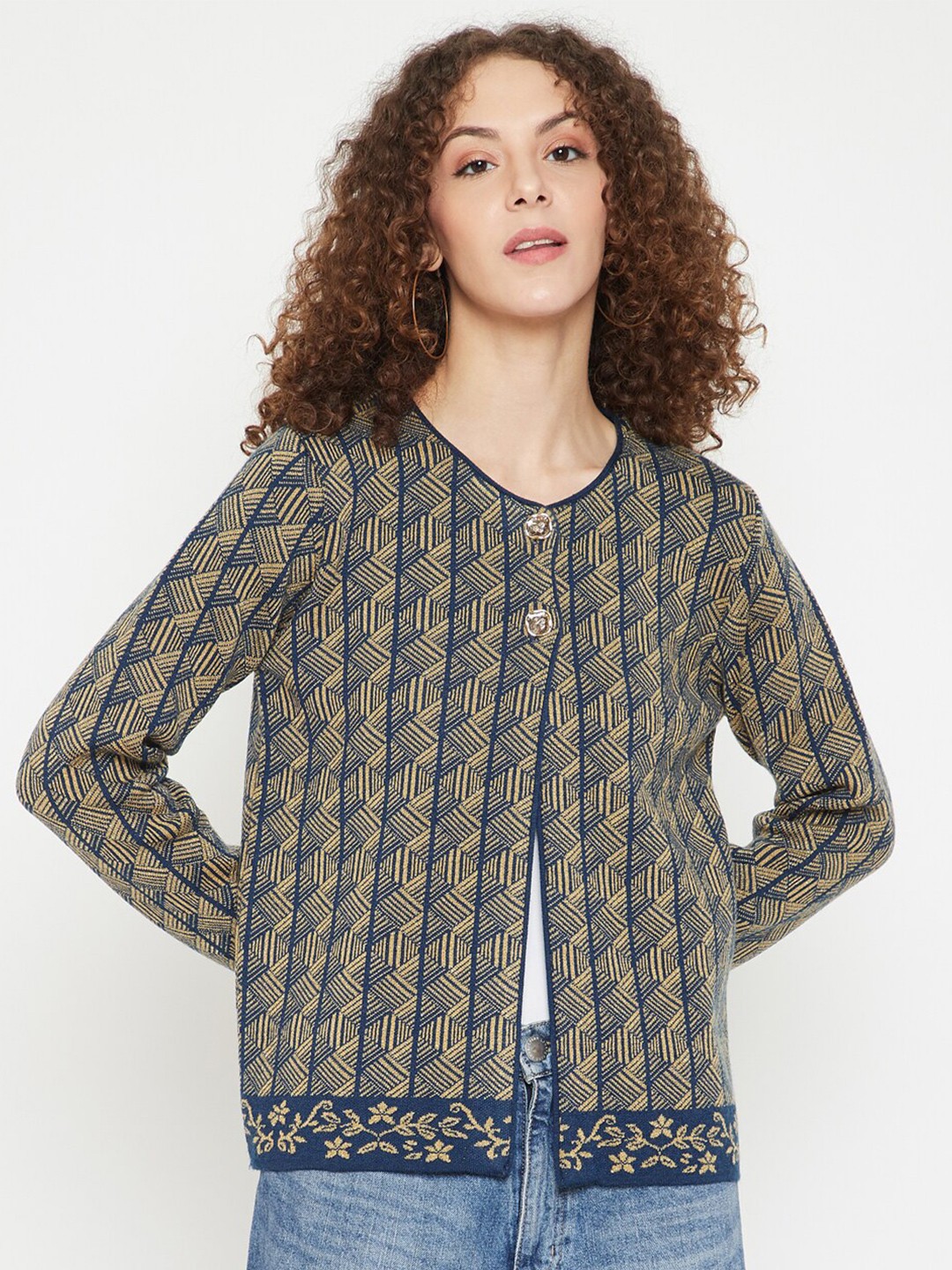 

Madame Women Blue & Yellow Geometric Self Design Wool Cardigan