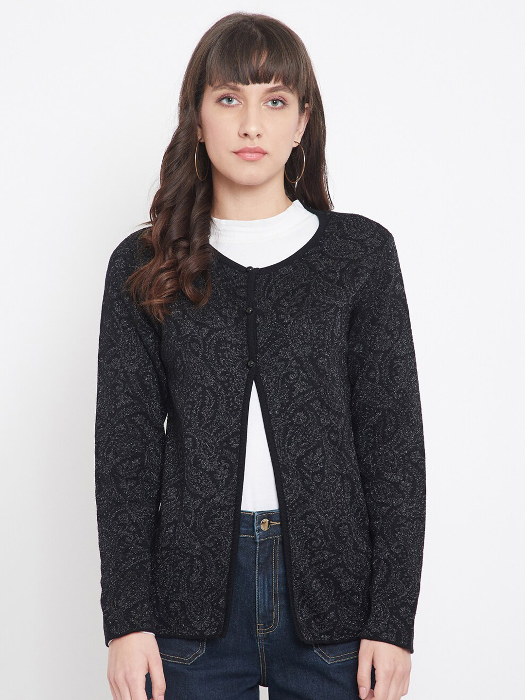 

Madame Women Black Printed Cardigan With Button Detail