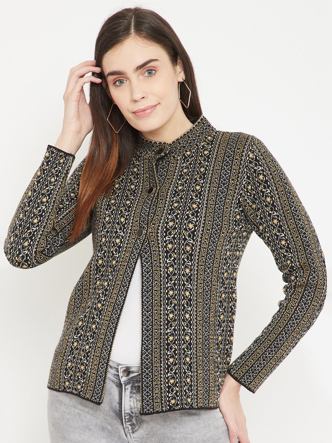 

Madame Women Black & Yellow Cable Knit Printed Cardigan