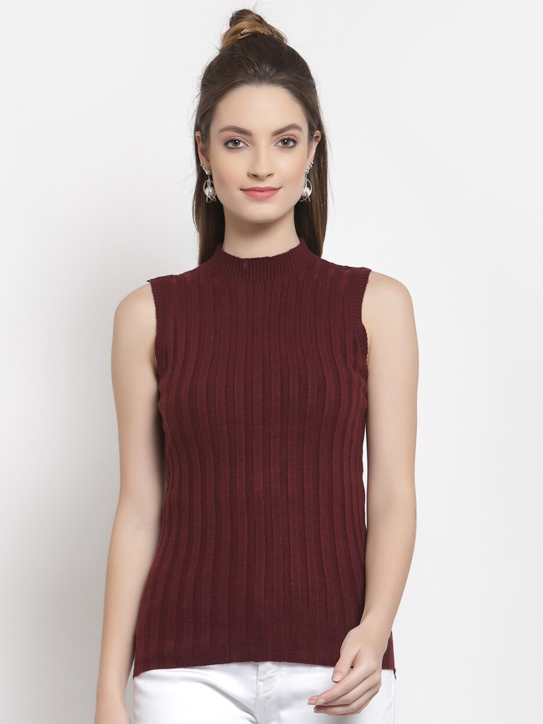 

Mafadeny Women Burgundy Self Design Pullover