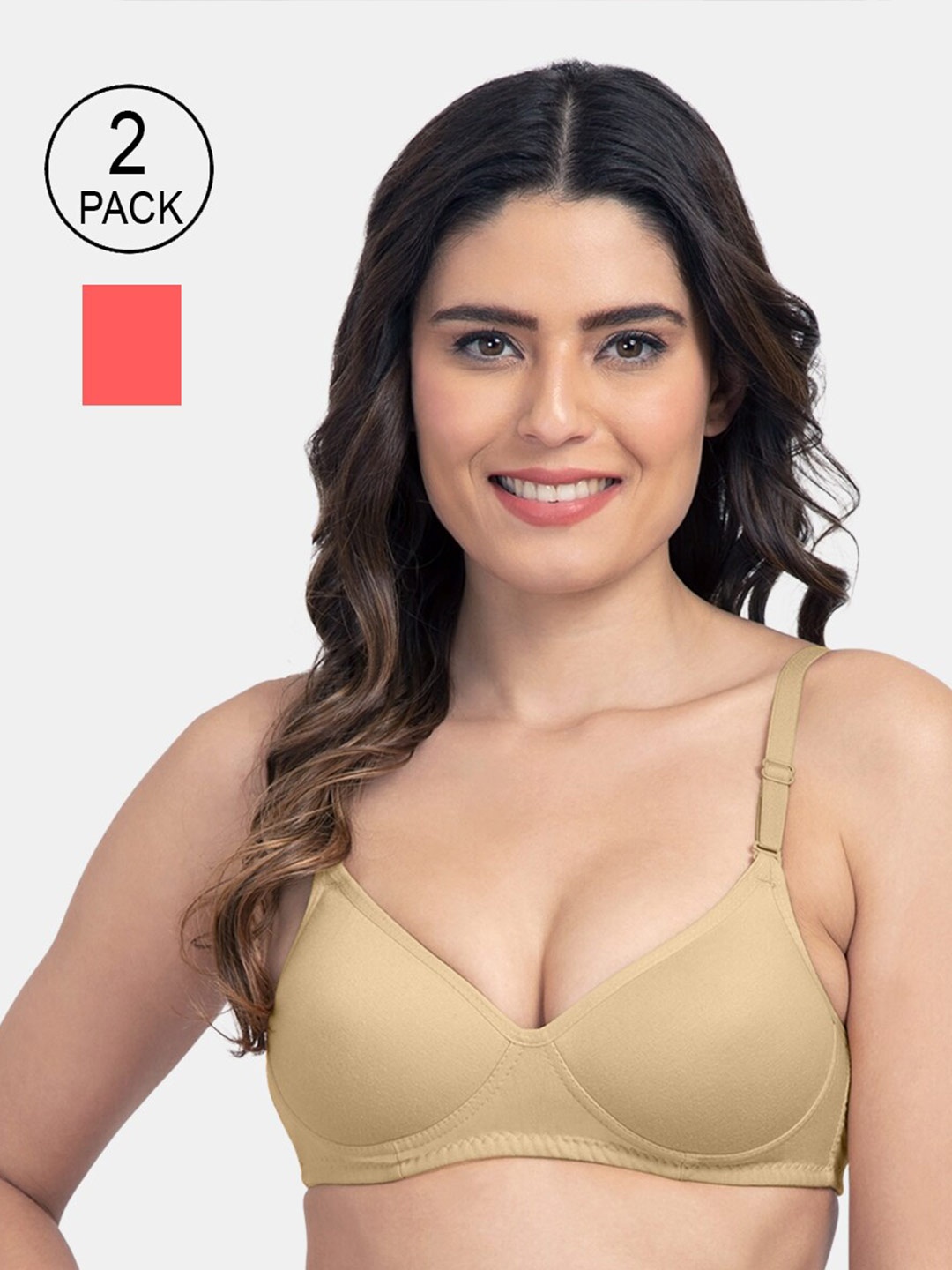 

Tweens Pack of 2 Beige & Coral Solid Non Wired Half Coverage T-shirt Bra