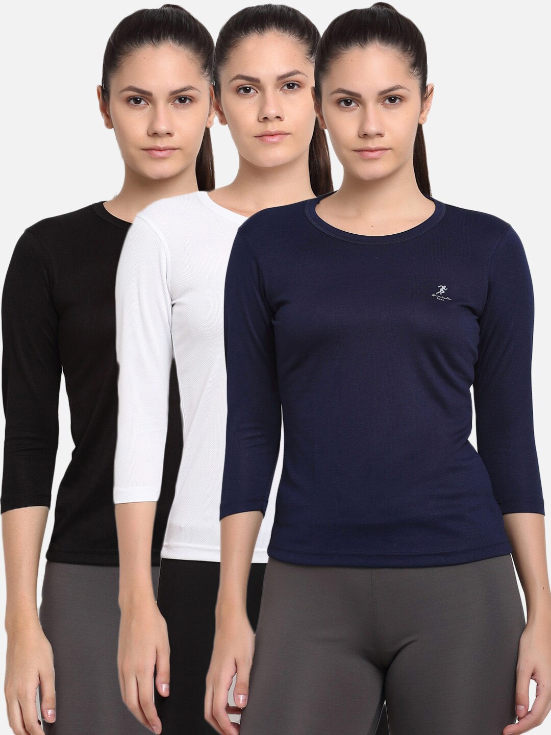 

ARMISTO Women Pack Of 3 Black & White Dri-FIT Slim Fit Training or Gym T-shirt