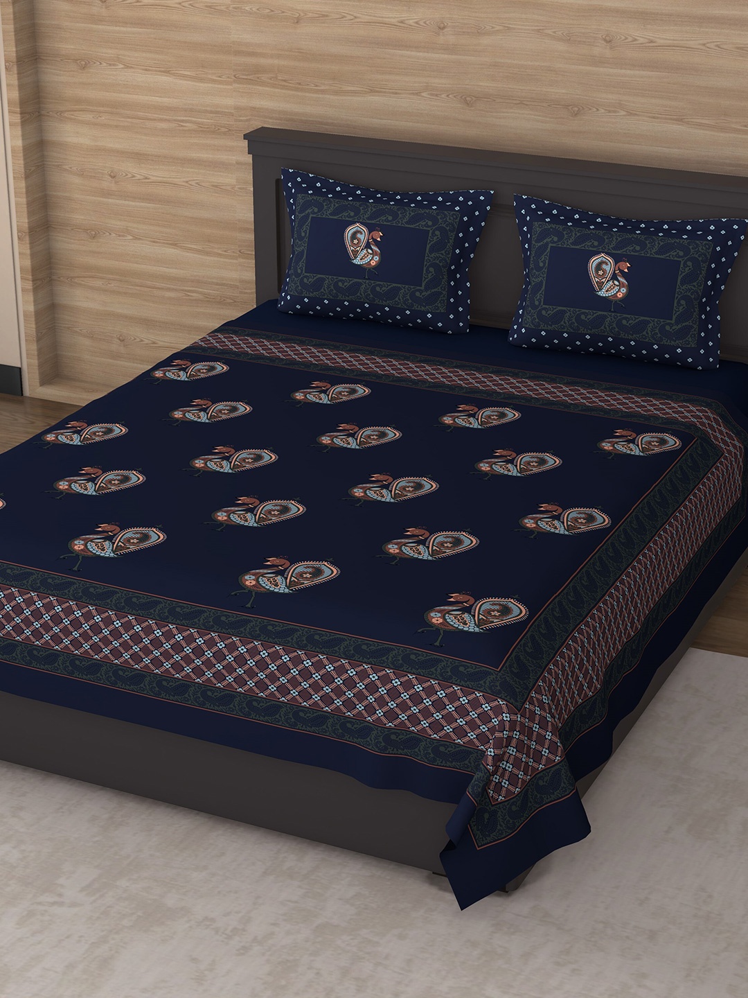 

Varde Navy Blue & Brown Ethnic Motifs 180 TC King Bedsheet with 2 Pillow Covers
