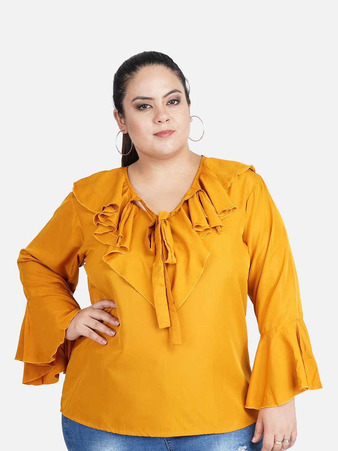 

Indietoga Woman Mustard Yellow Tie-Up Neck Ruffles Crepe Plus Size Top
