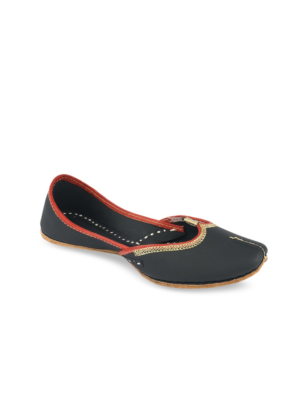 

DESI COLOUR Women Black Embroidered Leather Ethnic Mojaris Flats