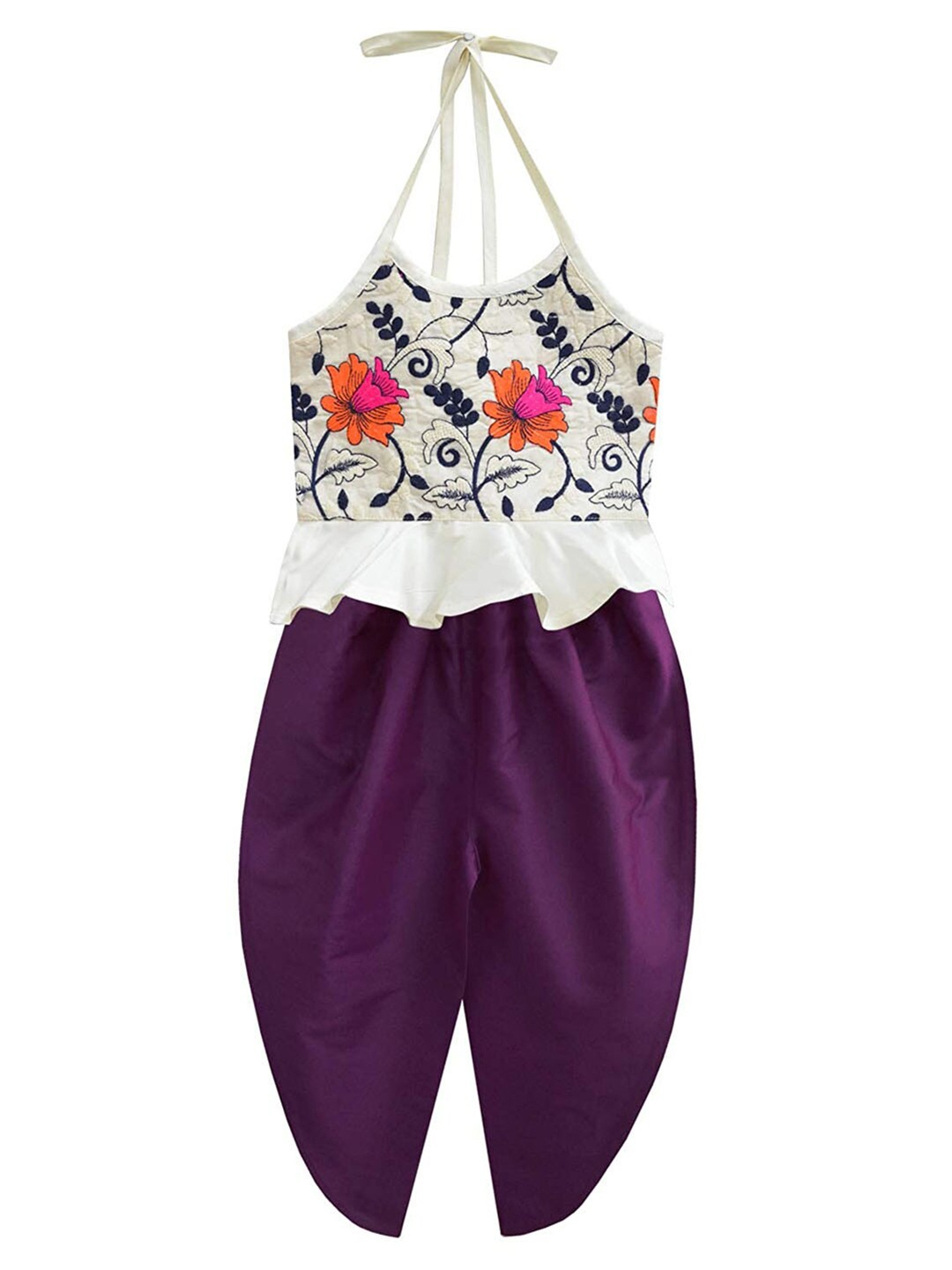 

A T U N Girls Purple & White Printed Halter Neck Peplum Top with Pyjamas