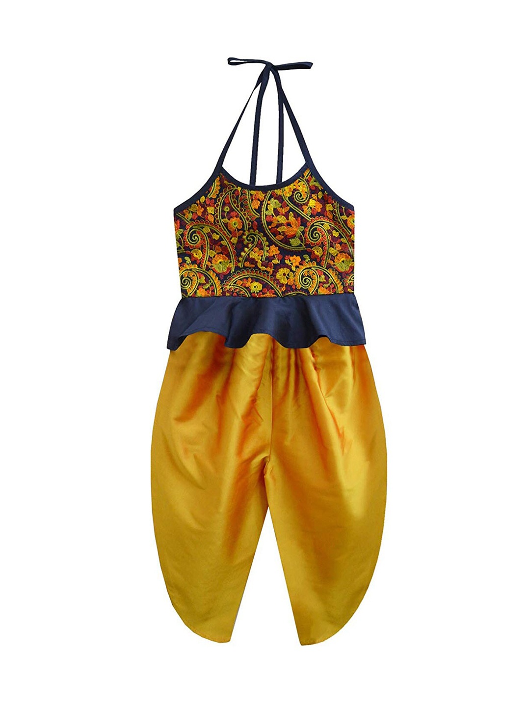 

A T U N Girls Mustard & Navy Blue Embroirdered Top with Dhoti Pants