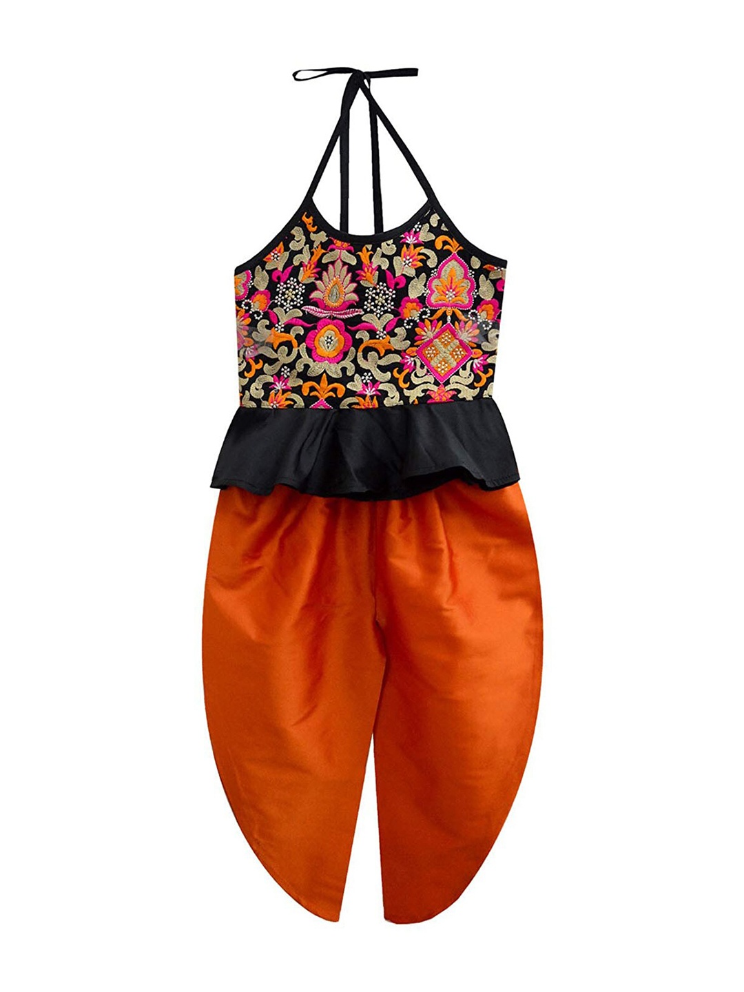 

A T U N Girls Orange & Black Printed Top with Dhoti Pants