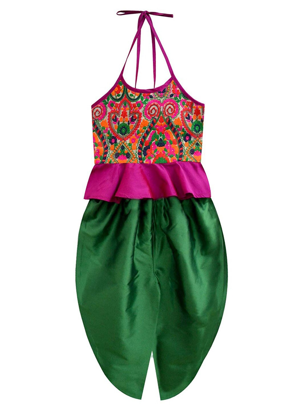 

A T U N Girls Green & Pink Printed Peplum Top with Dhoti Pants