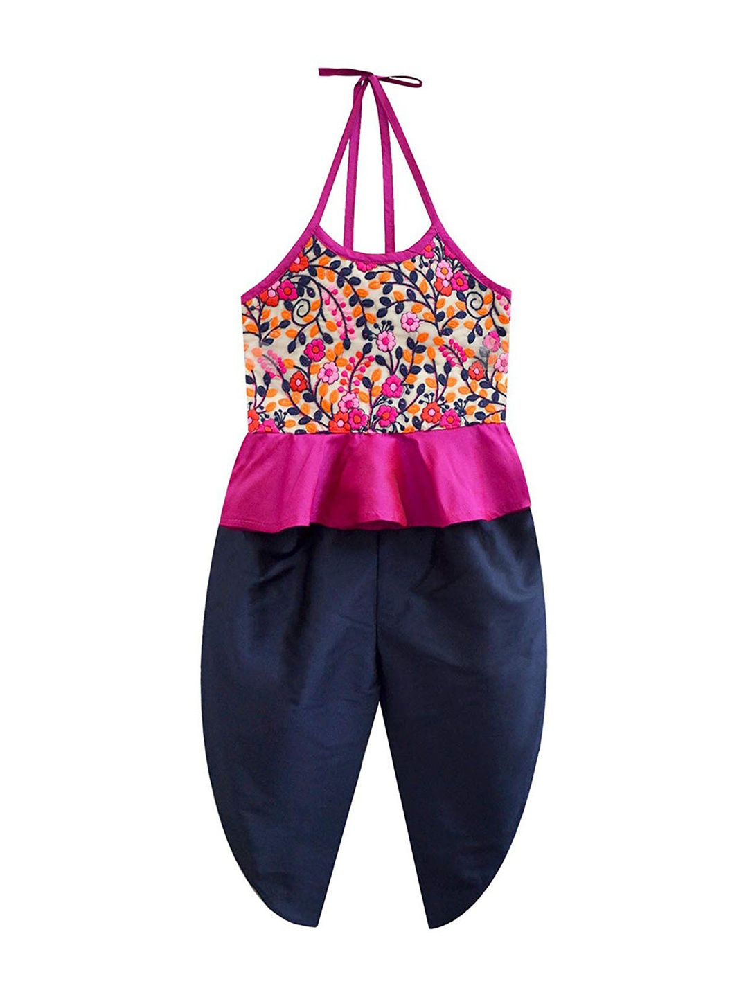 

A T U N Girls Navy Blue & Pink Embroidered Top with Dhoti Pants