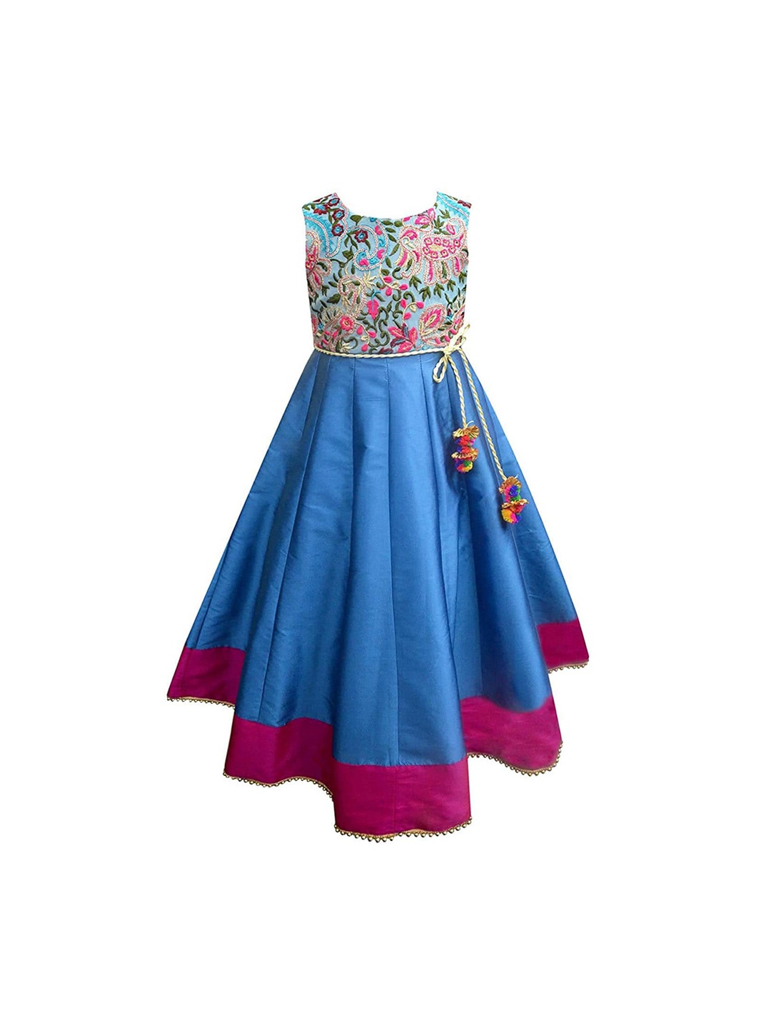 

A T U N Girls Turquoise Blue & Fuchsia Floral Embroidered Ethnic Maxi Fit & Flare Dress