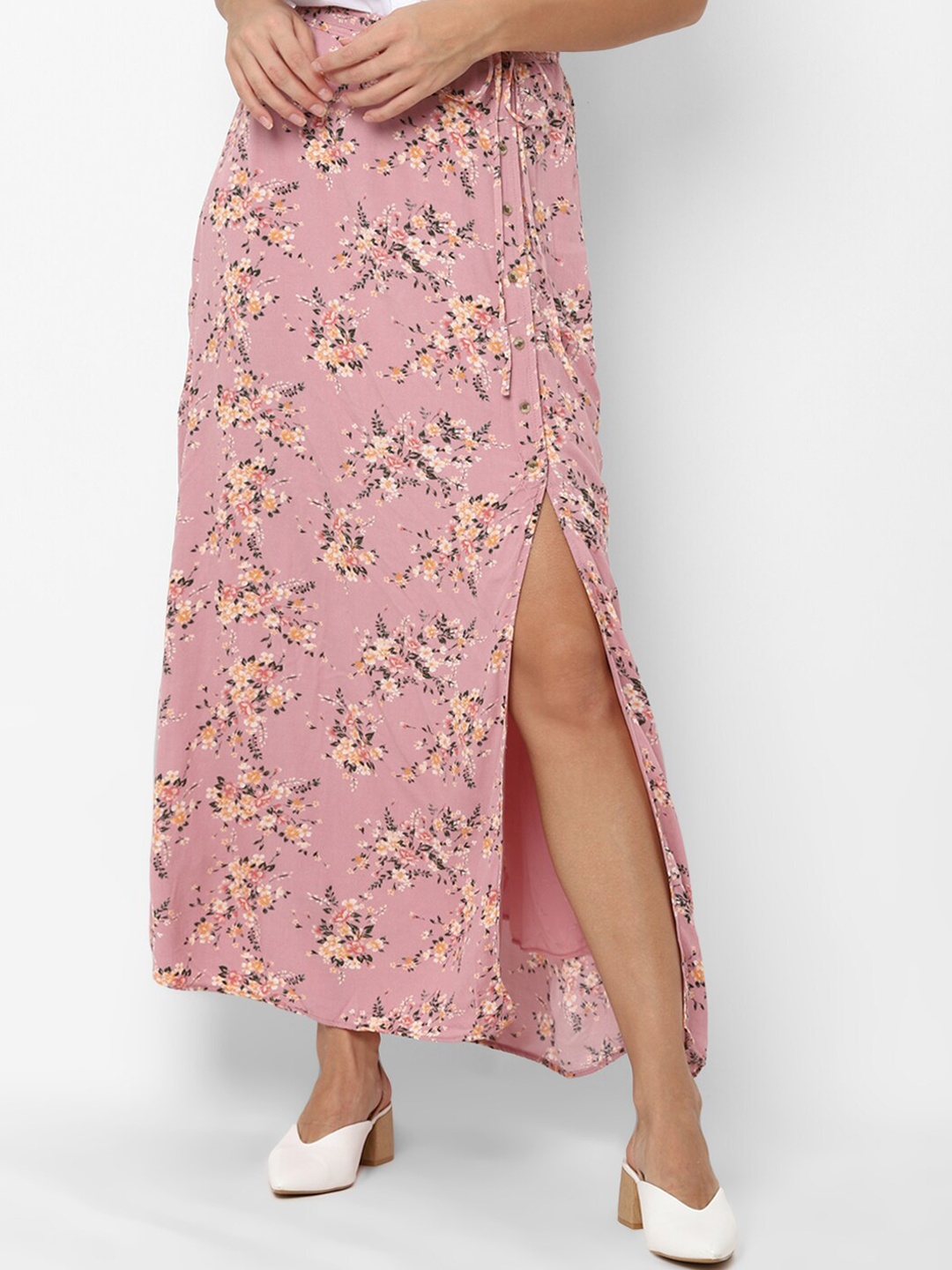

AMERICAN EAGLE OUTFITTERS Women Pink & Orange Floral Printed A-Line Maxi Skirt