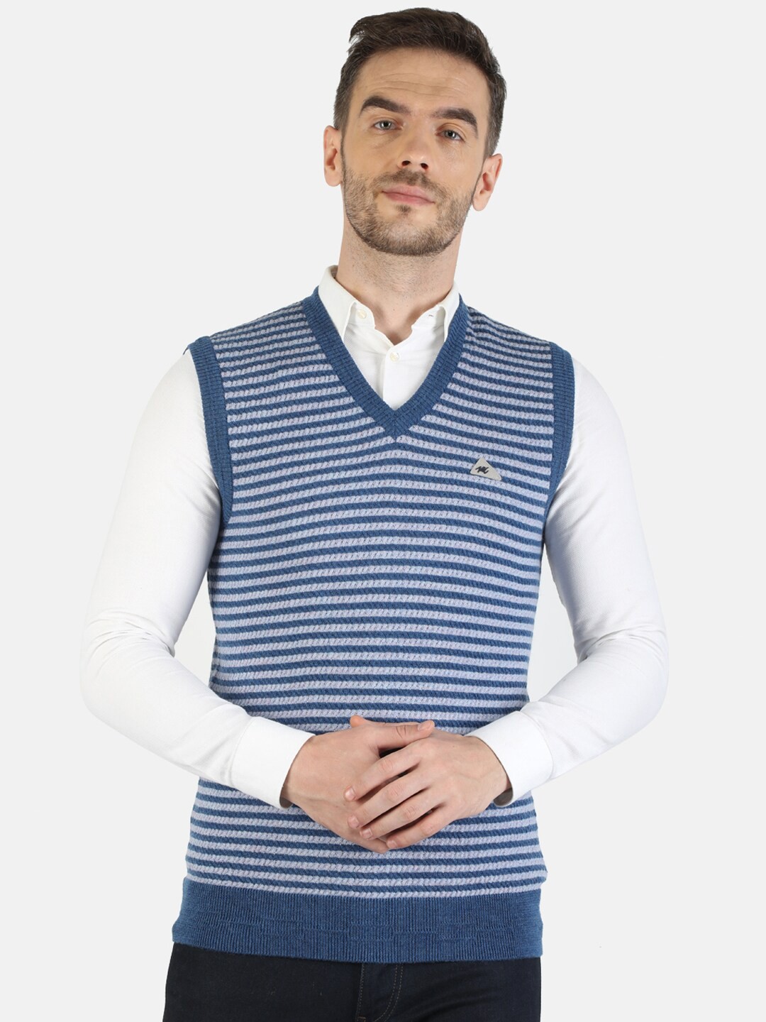 

Monte Carlo Men Blue & Grey Striped Pure Woollen Sweater Vest