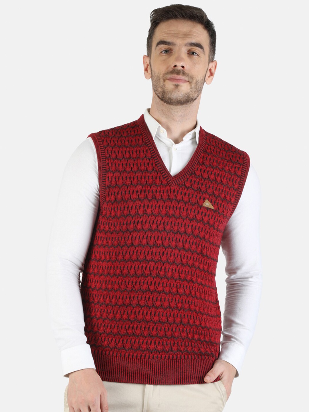 

Monte Carlo Men Maroon Geometric Self Design Pure Woollen Sweater Vest