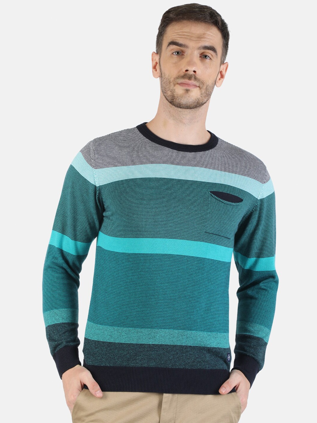 

Monte Carlo Men Teal & Navy Blue Striped Cotton Pullover Sweater