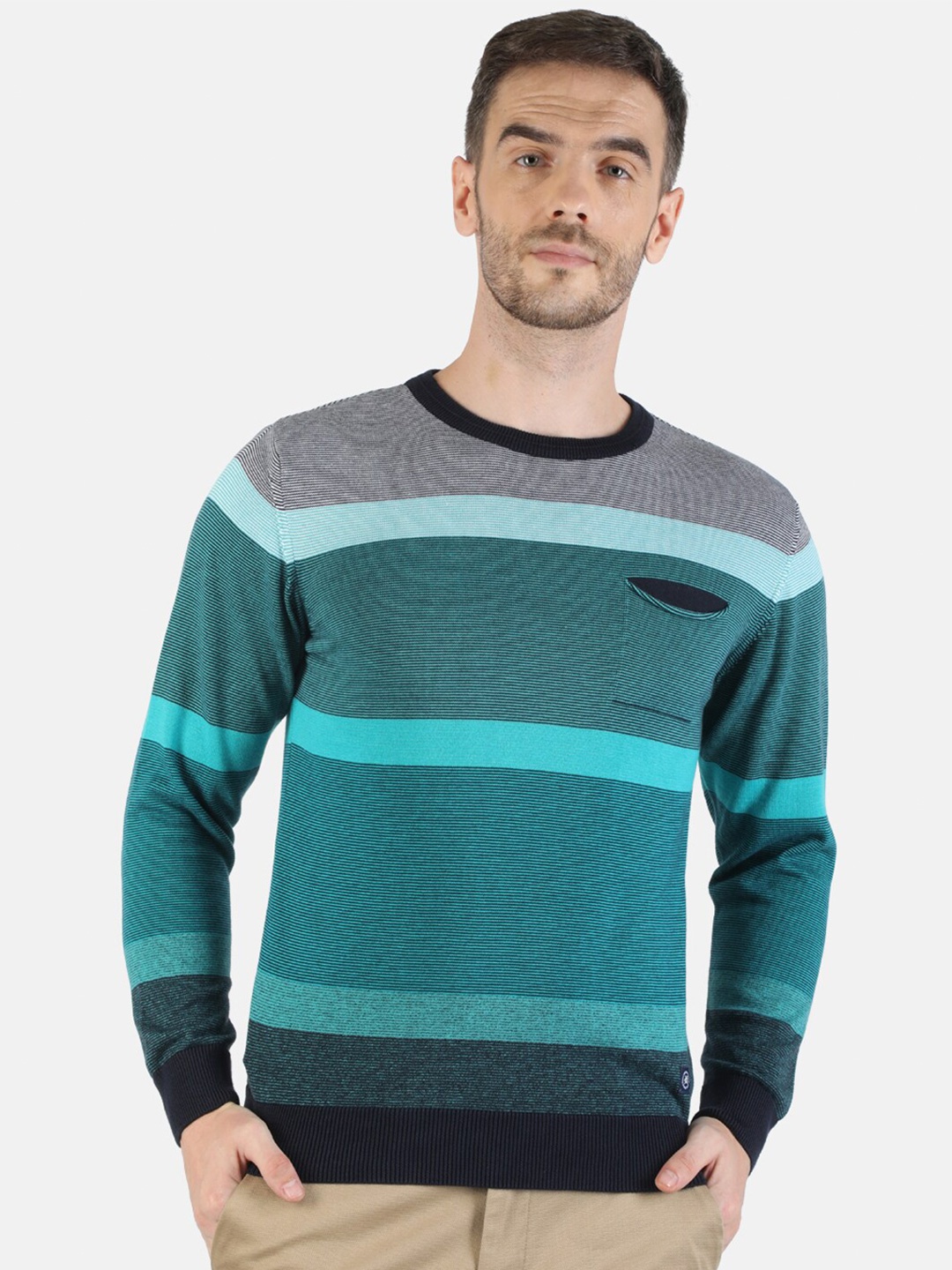 

Monte Carlo Men Navy Blue & Green Striped Printed Pullover