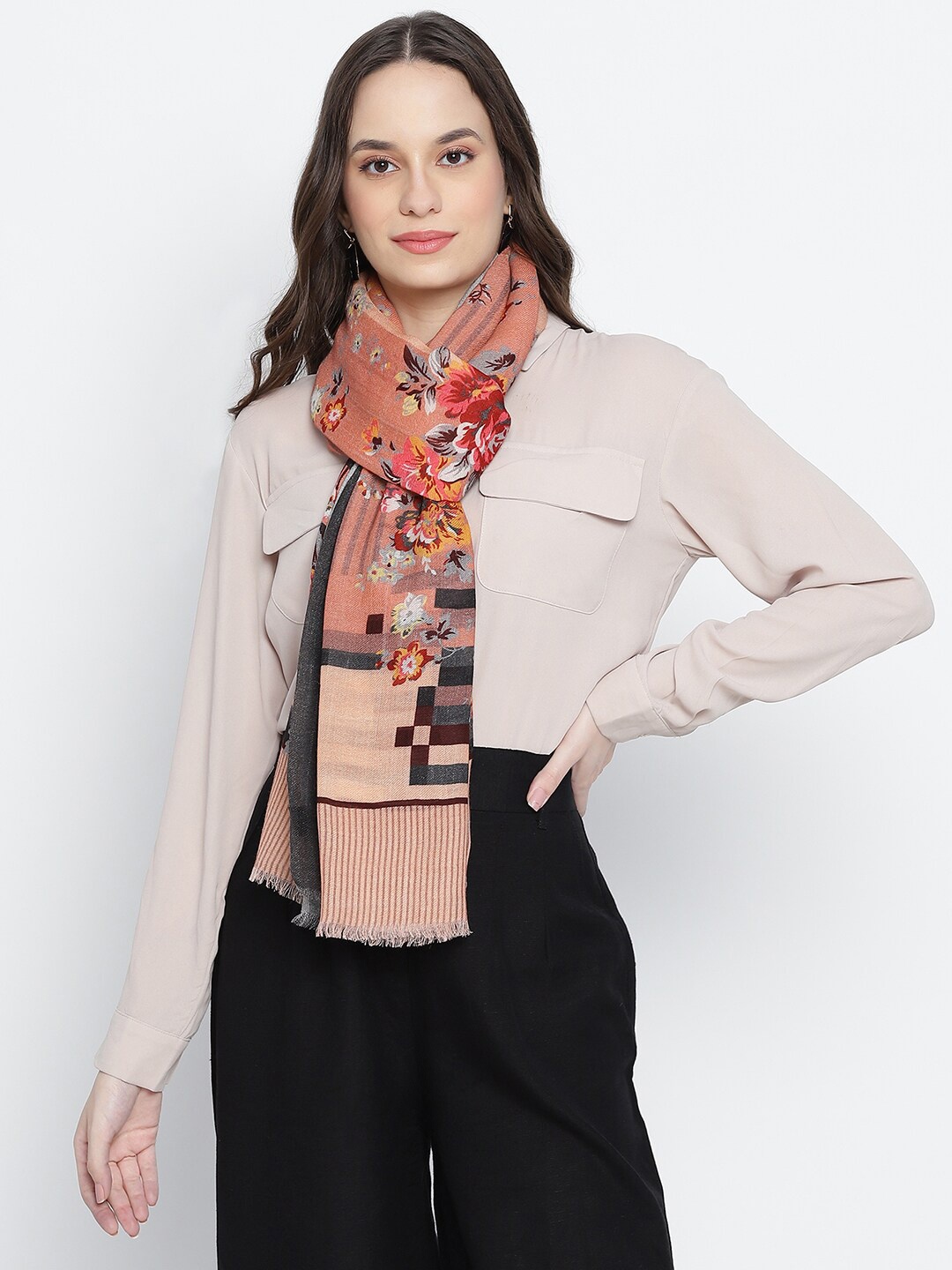 

SHINGORA Women Peach-Coloured & Red Printed Pure Wool Stole