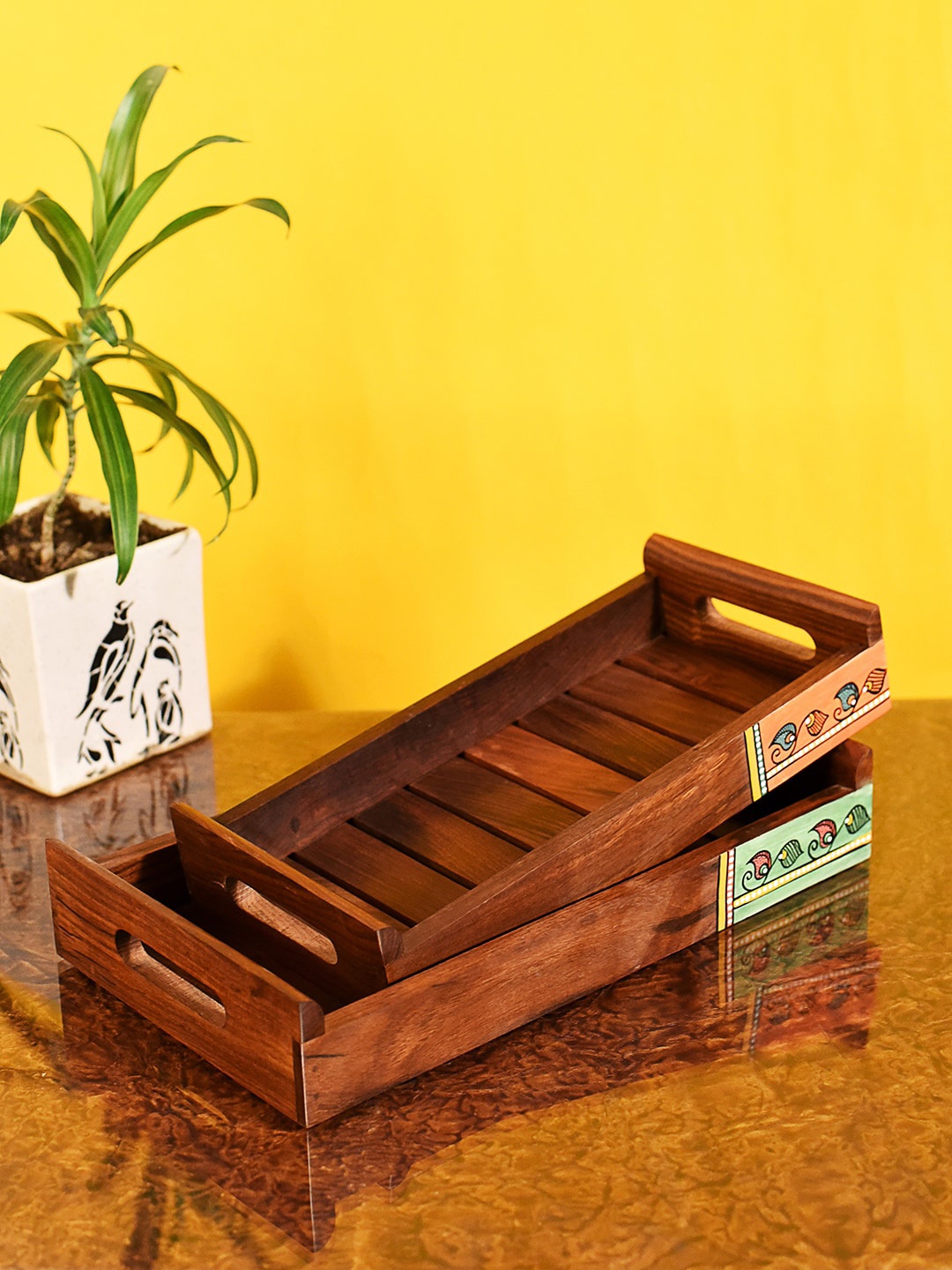 

AAKRITI ART CREATIONS Set Of 2 Brown Rose Wood Handcrafted Trays