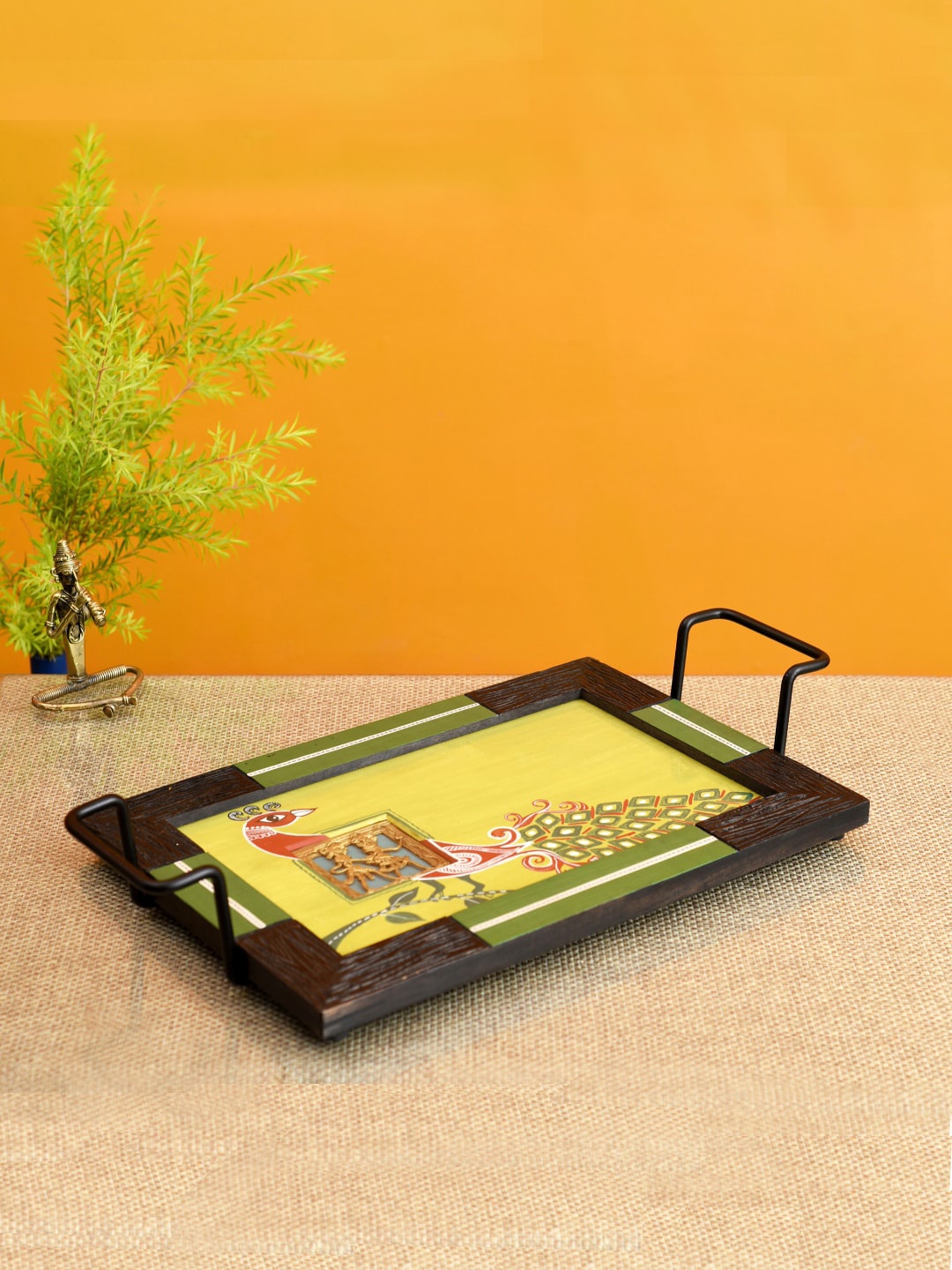 

AAKRITI ART CREATIONS Green & Yellow Madhubani Art Serving Tray