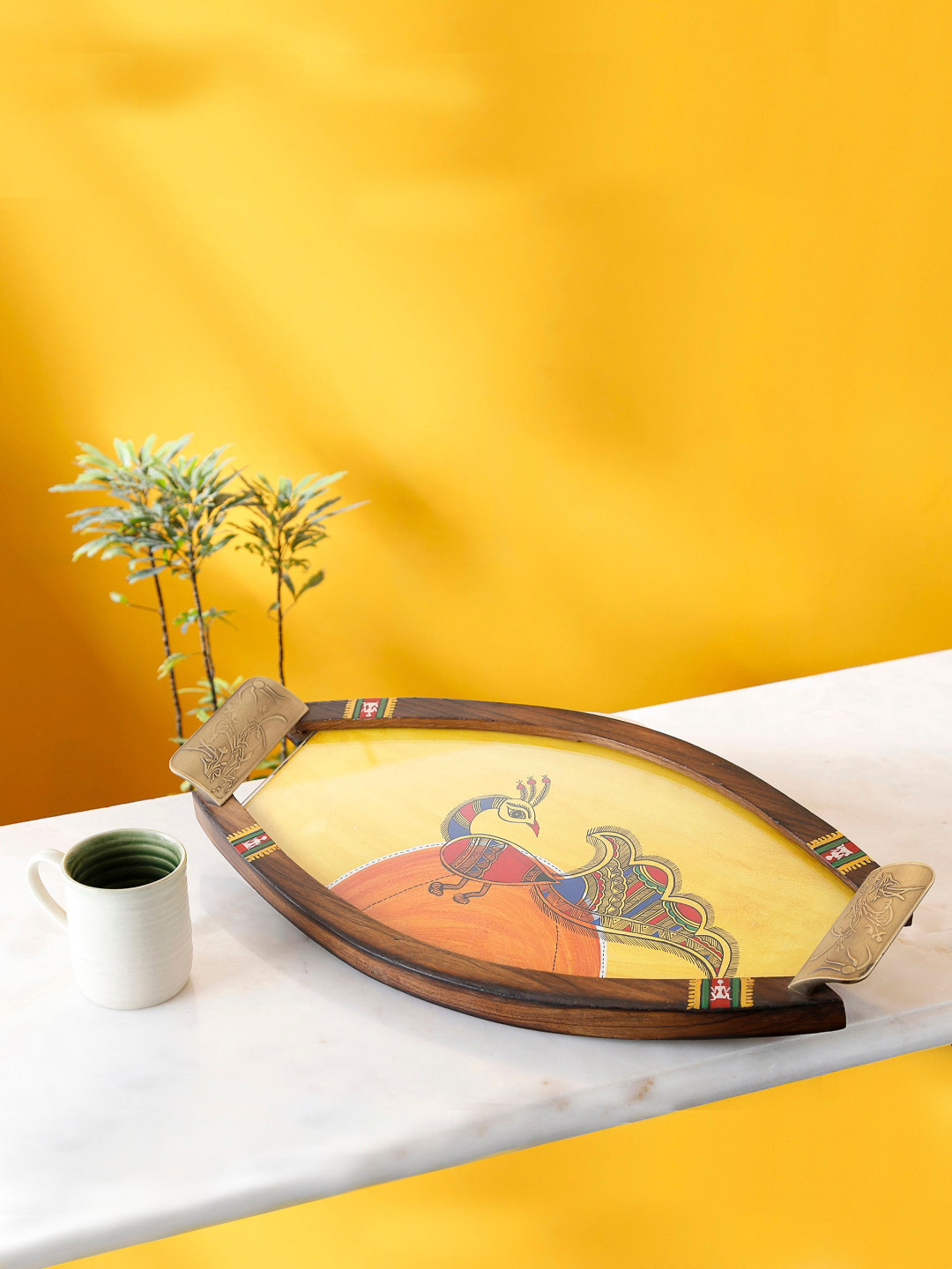 

AAKRITI ART CREATIONS Yellow & Orange Oval Tray Framed with Metal Handles