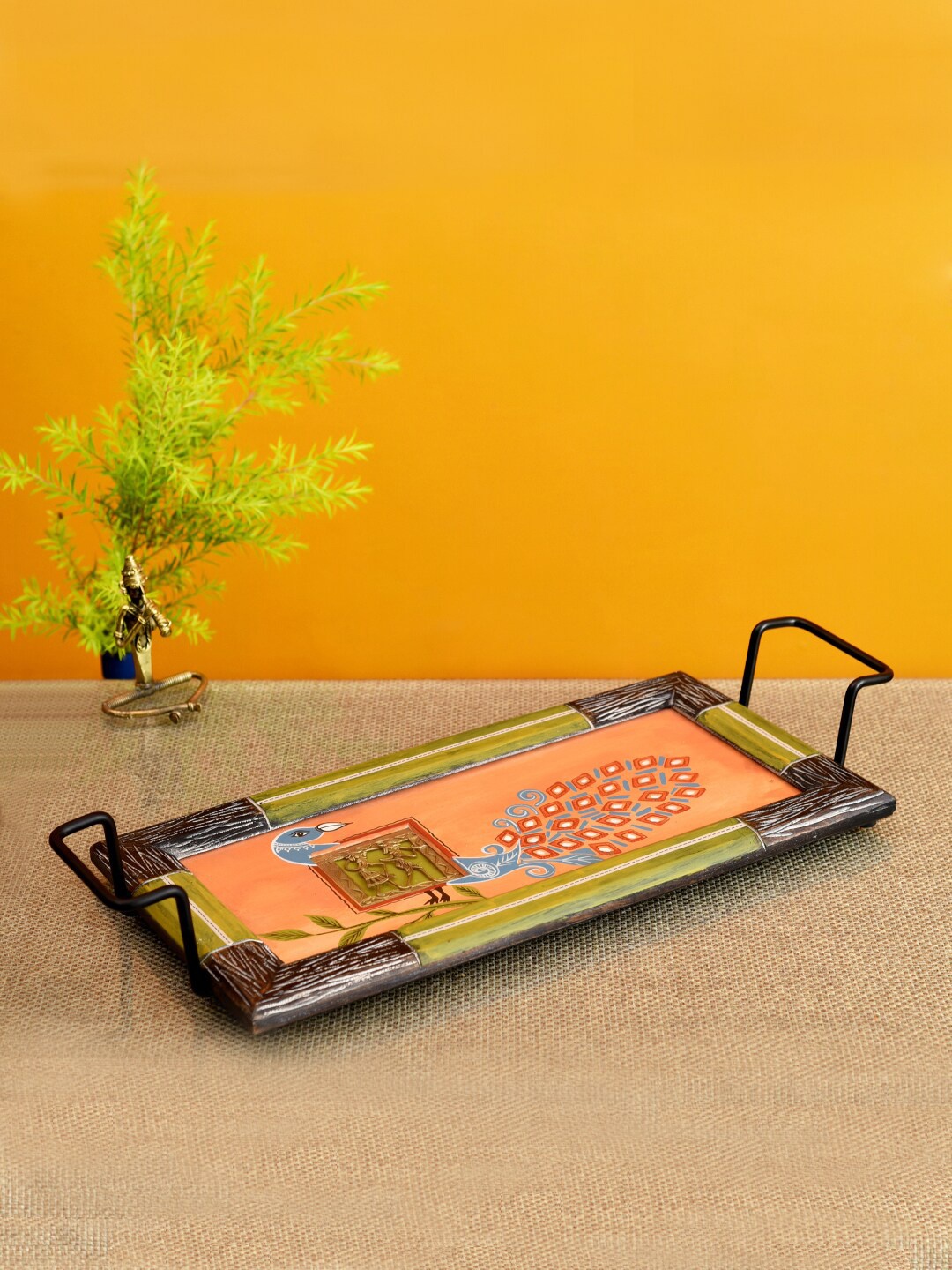 

AAKRITI ART CREATIONS Orange & Green Madhubani Art Serving Tray