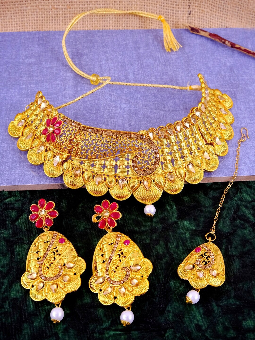 

Crunchy Fashion Gold Plated Pink Stone Studded Antique Jewellery Set